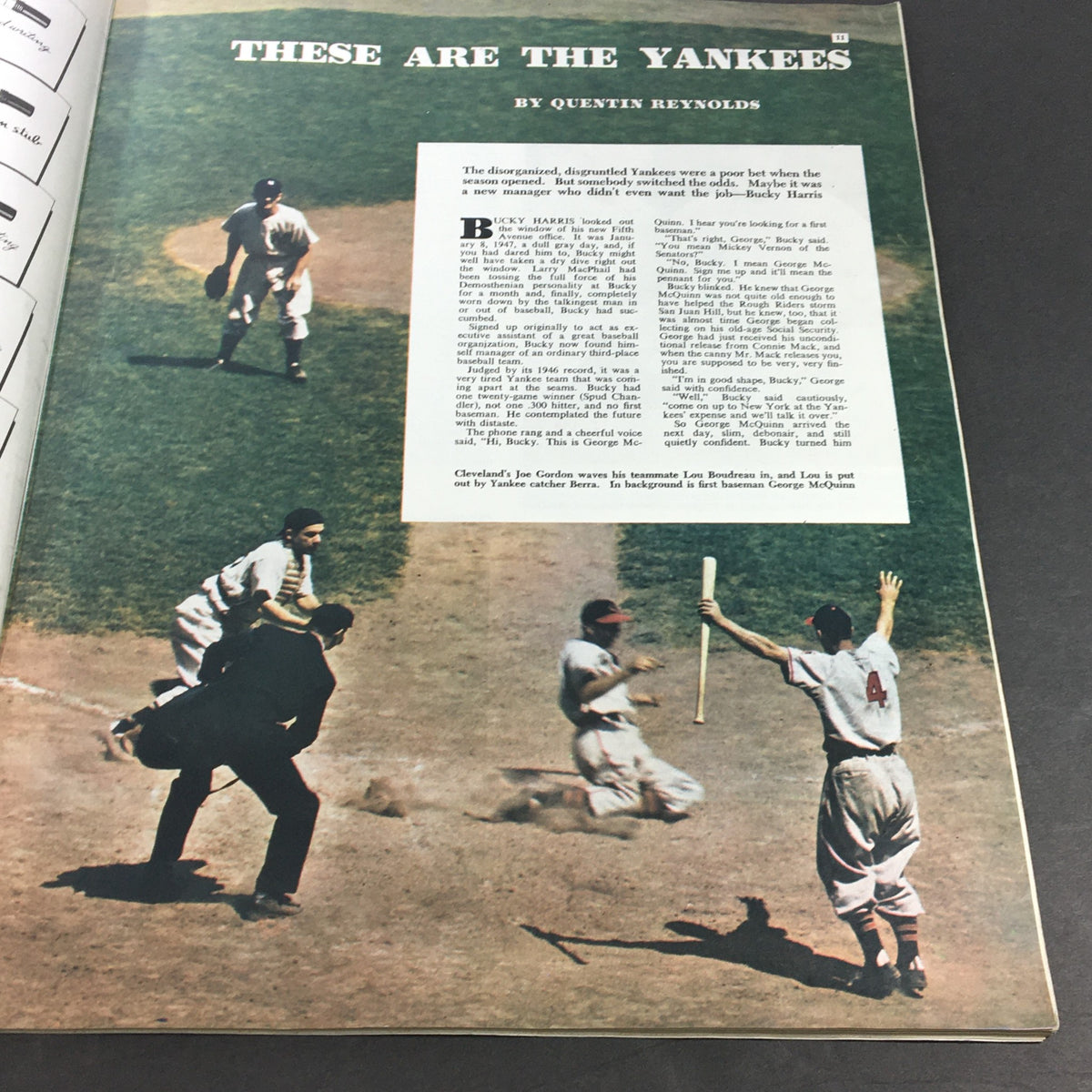 Image from VTG Collier's Magazine October 4 1947 showing a baseball scene with players, illustrating the article 'These Are The Yankees' featuring insights on Bucky Harris.