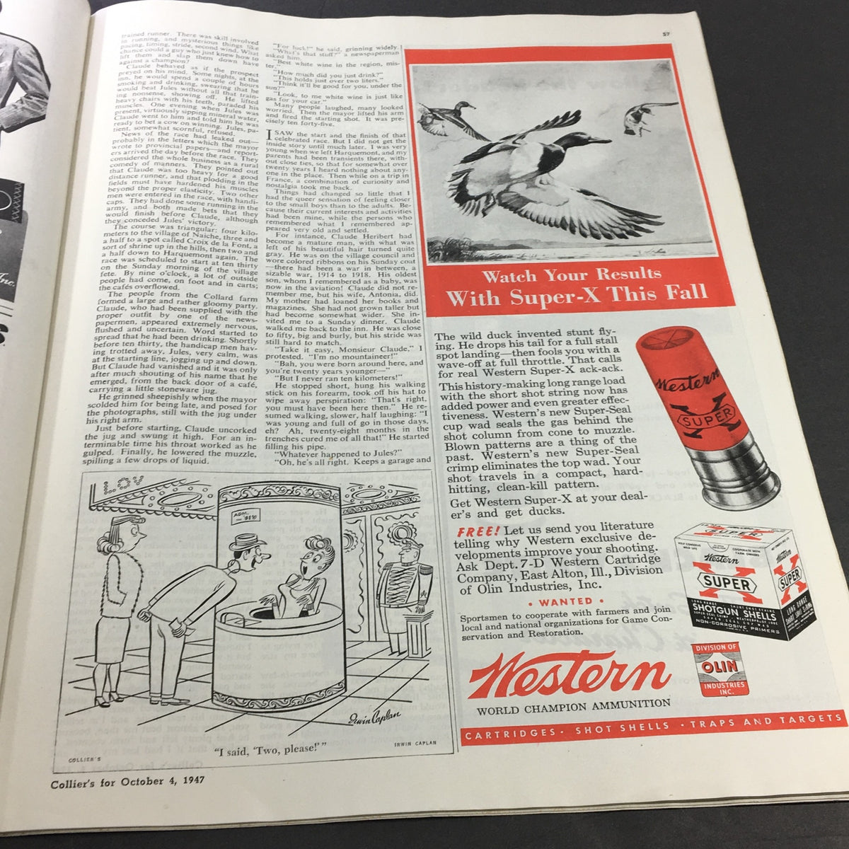 Another page from VTG Collier's Magazine October 4, 1947 showcasing a whimsical cartoon and an ad for Western Super-X ammunition.