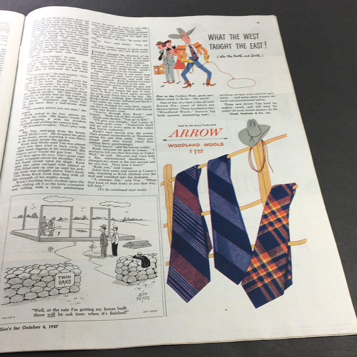 Page from VTG Collier's Magazine October 4, 1947 displaying a story titled 'What the West Taught the East' along with ads for Arrow ties.