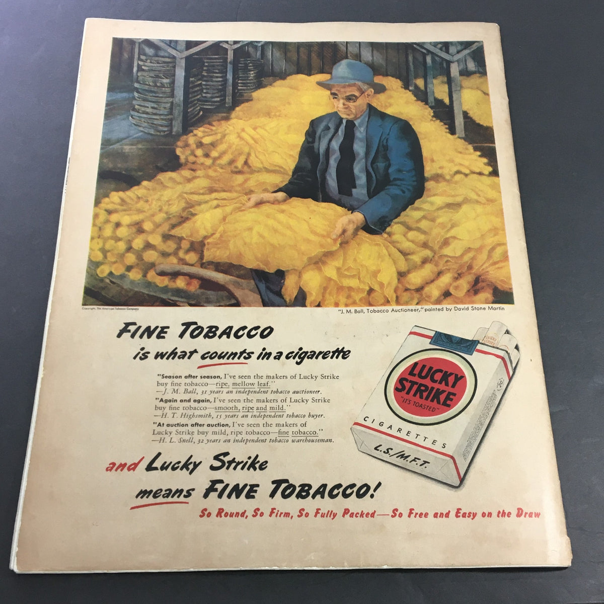 Back cover of VTG Collier's Magazine October 4, 1947 featuring an advertisement for Lucky Strike cigarettes with an illustration of a tobacco auctioneer.