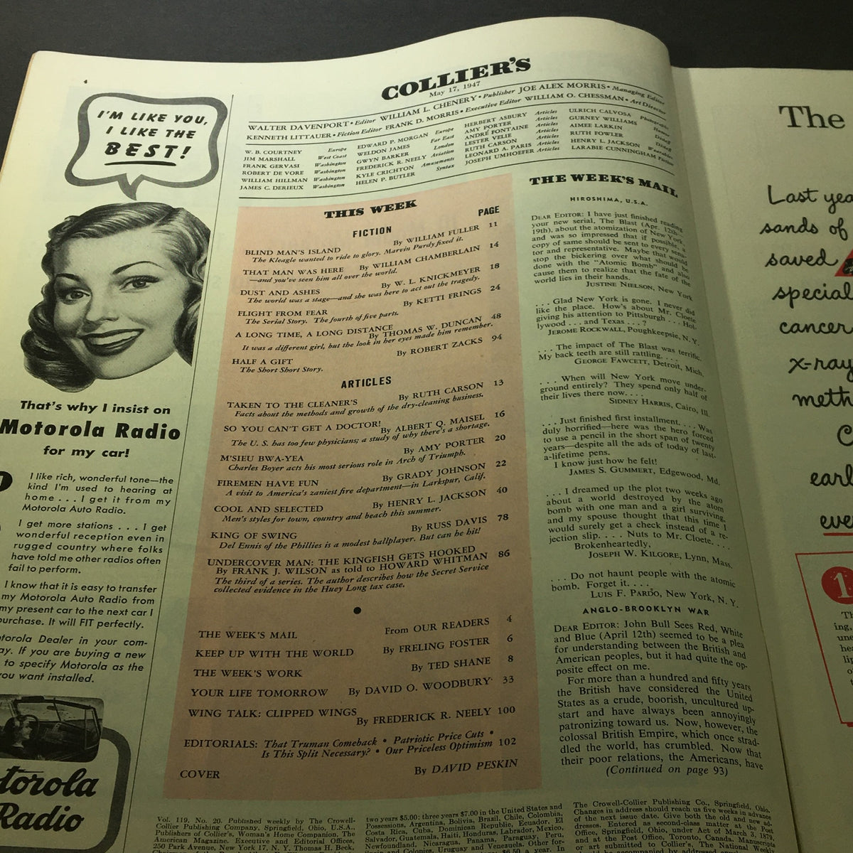 Interior page of VTG Collier's Magazine May 17 1947 displaying the table of contents and advertisements, providing insights into mid-20th century journalism and publication style.