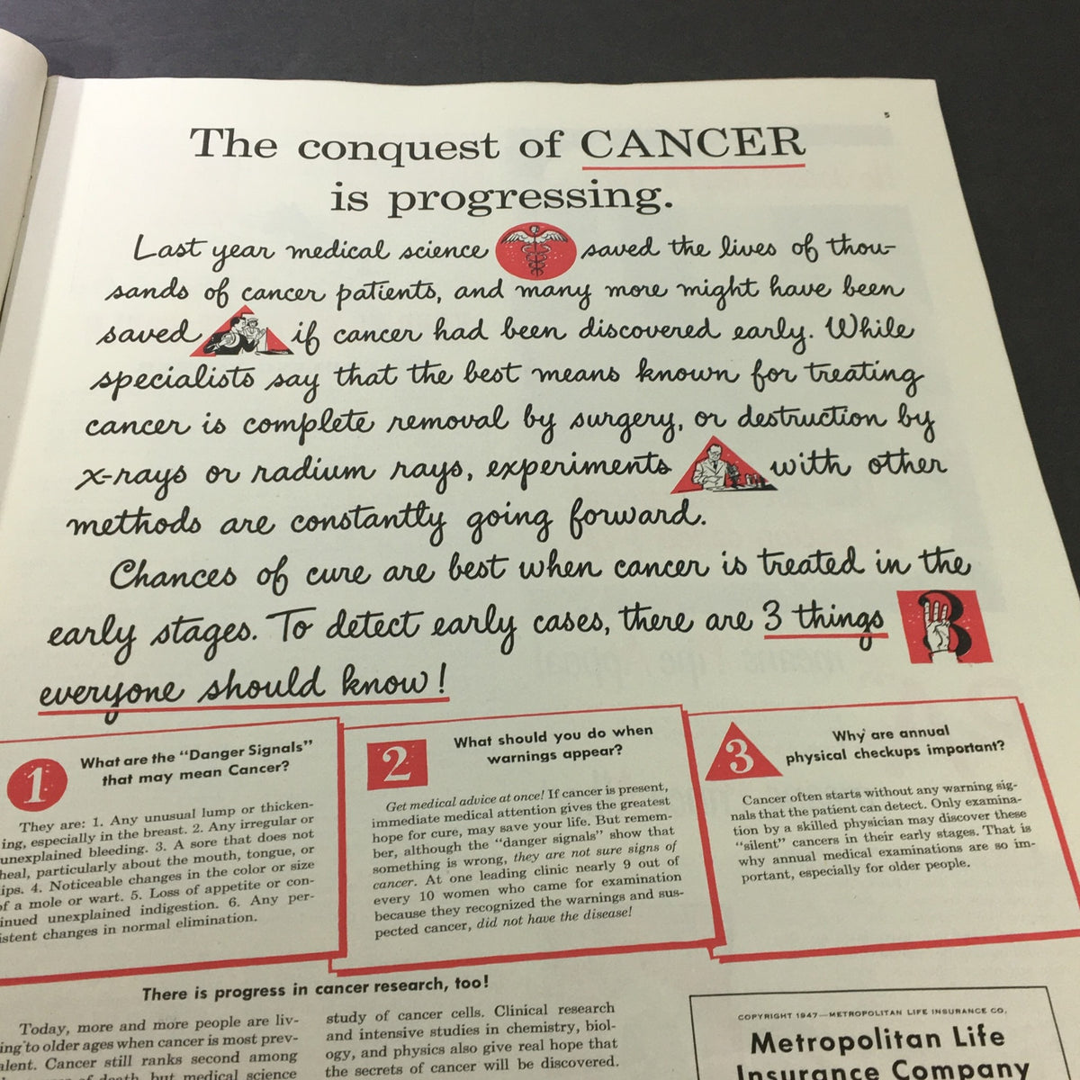 Article page titled 'The conquest of CANCER is progressing.' from VTG Collier's Magazine May 17 1947, discussing advancements in cancer treatment, valuable for historical medical research.