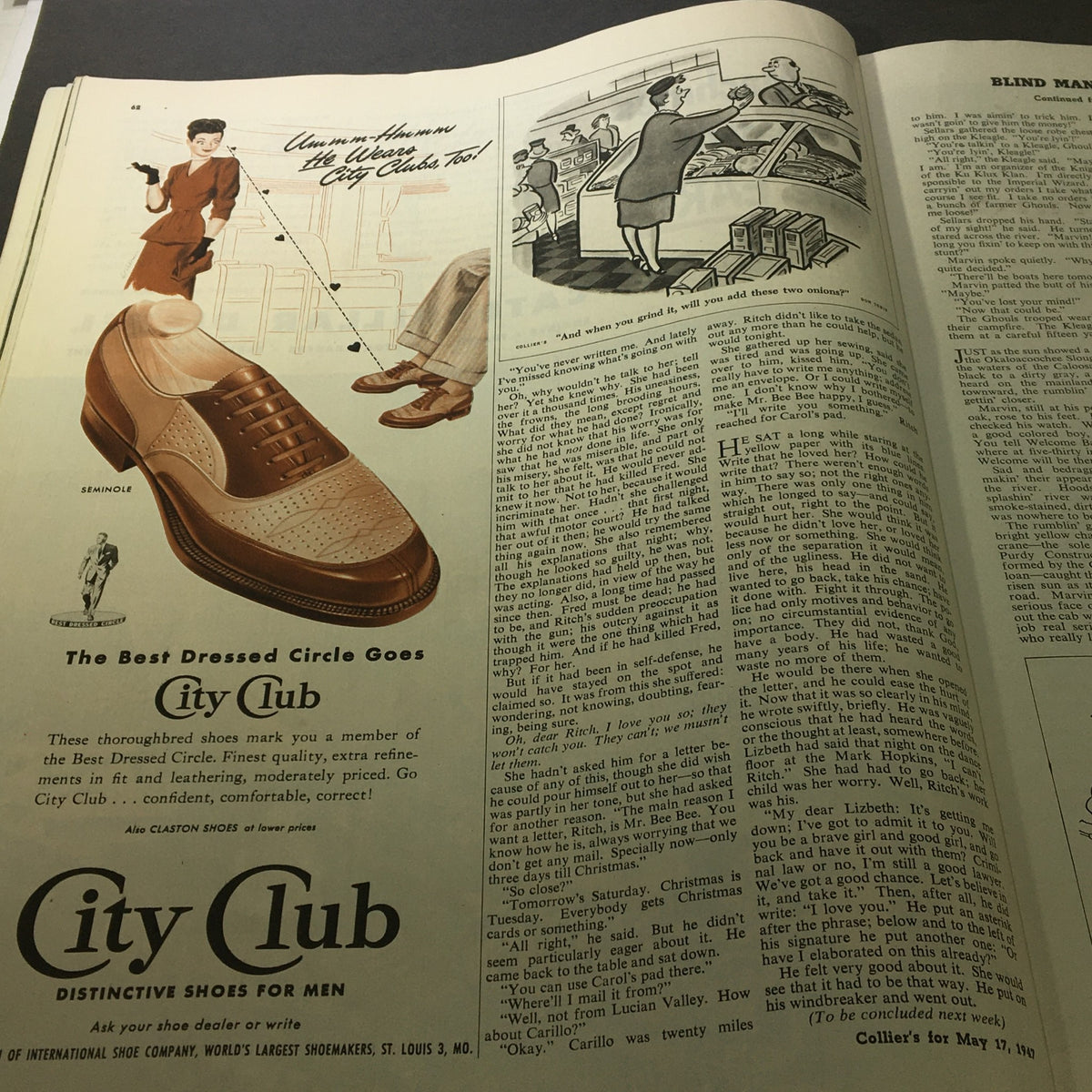 Vintage advertisement from Collier's Magazine May 17, 1947, showcasing City Club shoes for men, highlighting fashion and style in mid-20th century American culture.