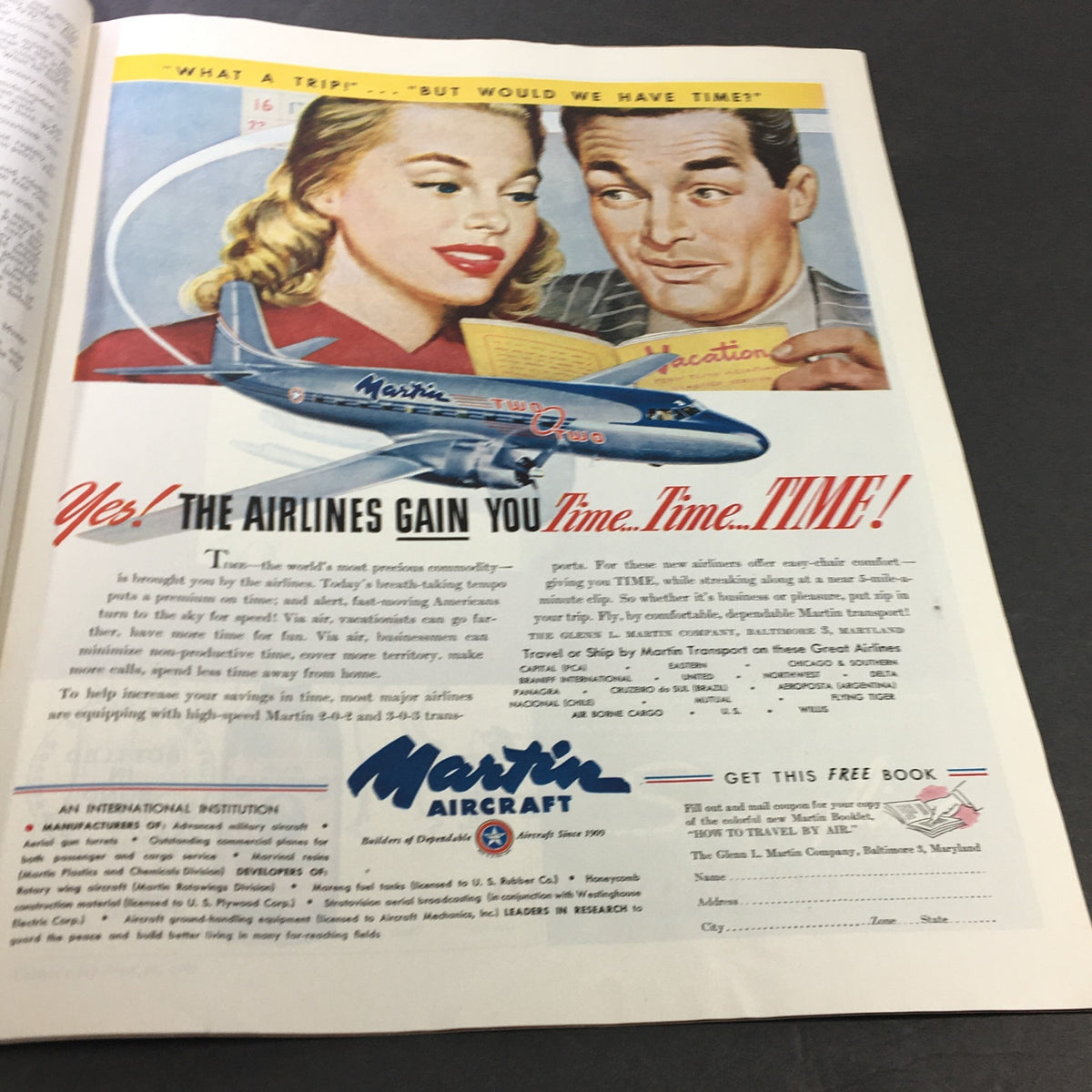 Vintage advertisement from Collier's Magazine May 17, 1947, featuring Martin Aircraft, emphasizing the benefits of flying and travel with modern aircraft.