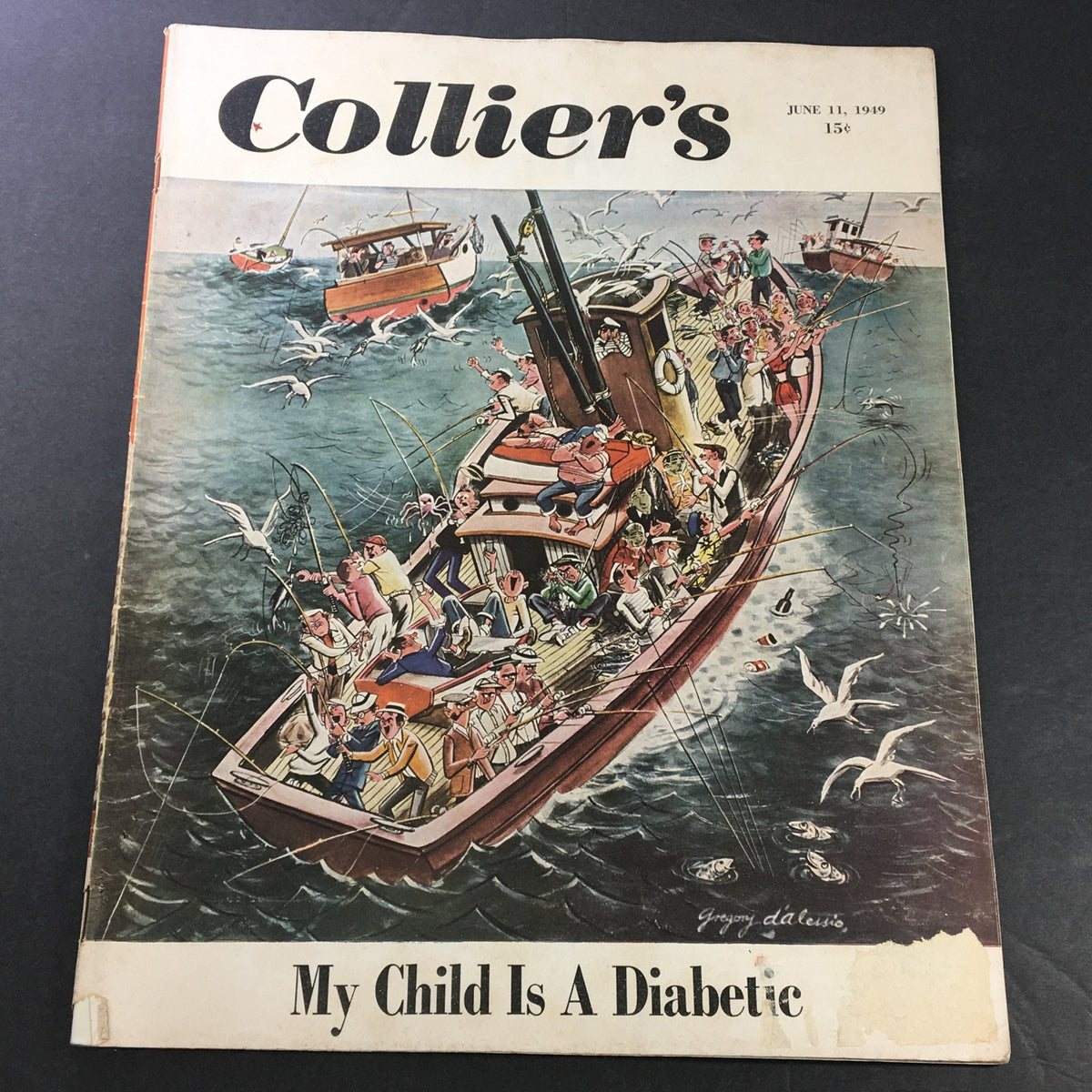Cover of VTG Collier's Magazine June 11 1959 featuring an illustrated boat scene with people fishing and seagulls, related to the article 'My Child is A Diabetic' and 'Tasty Summer Foods'.