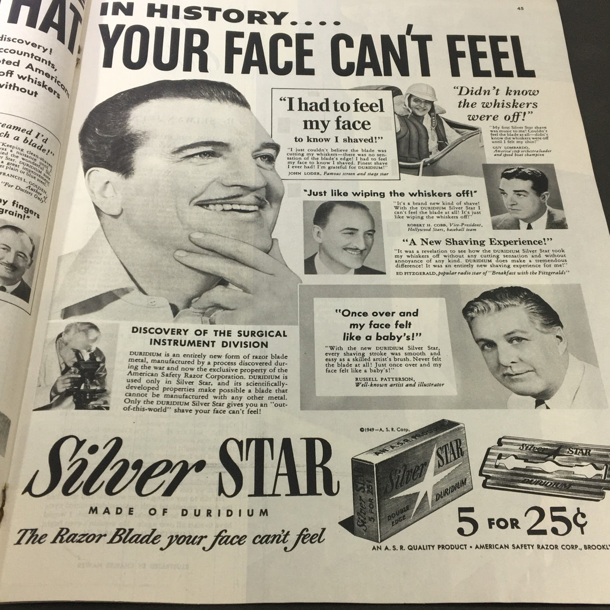 Collier's Magazine June 11 1959 advertisement for Silver Star razors, featuring a smiling man showcasing the durability of the razor blades and testimonials about their shaving experience.