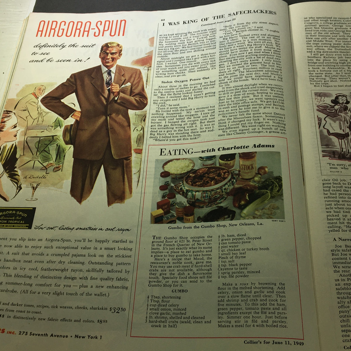 Collier's Magazine June 11 1959 page featuring a stylish man in an Airgora-Spun suit, accompanied by a recipe for Gumbo, highlighting mid-century fashion and culinary culture.