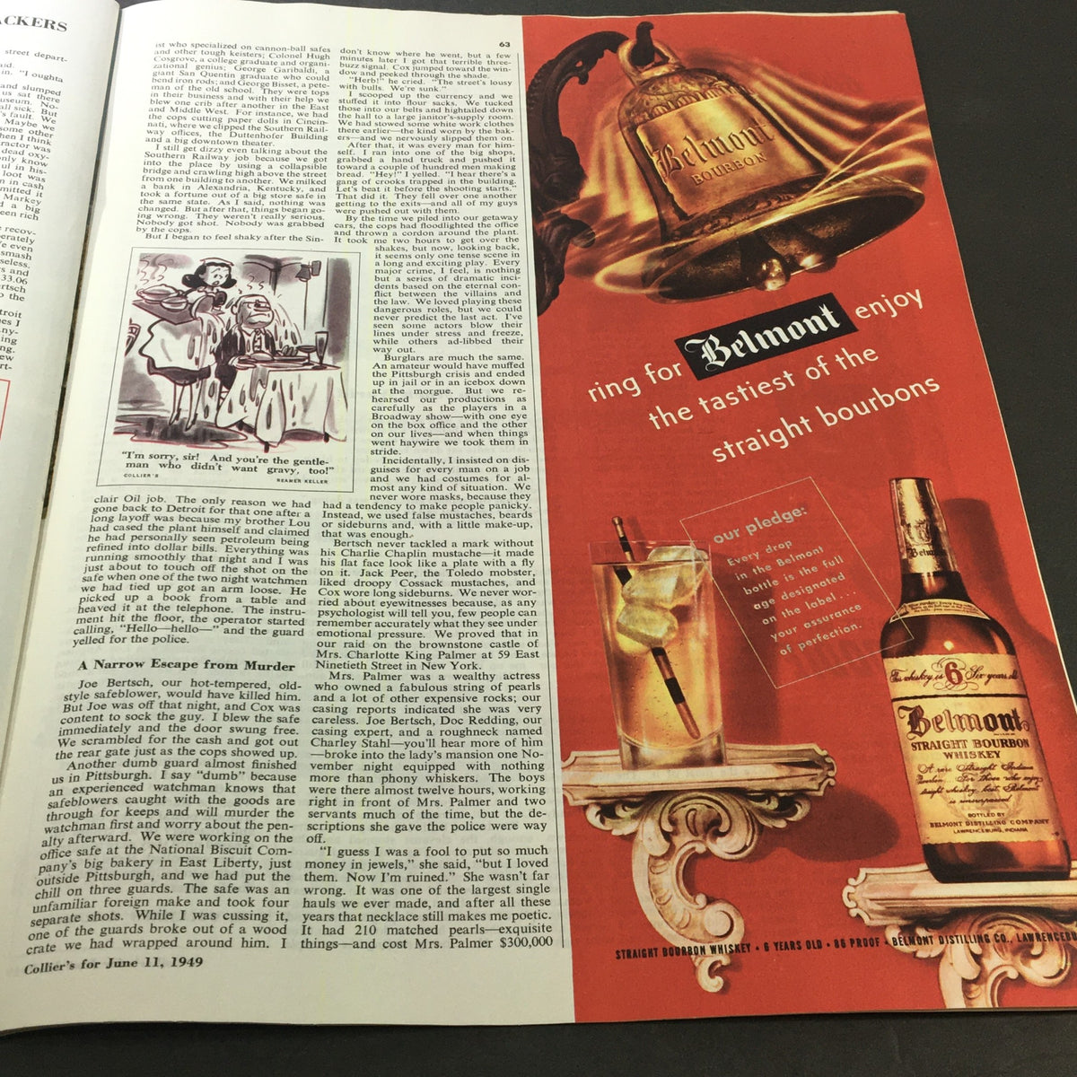 Collier's Magazine June 11 1959 illustration promoting Belmont bourbon, showcasing its premium whiskey and advertisements appealing to bourbon enthusiasts.