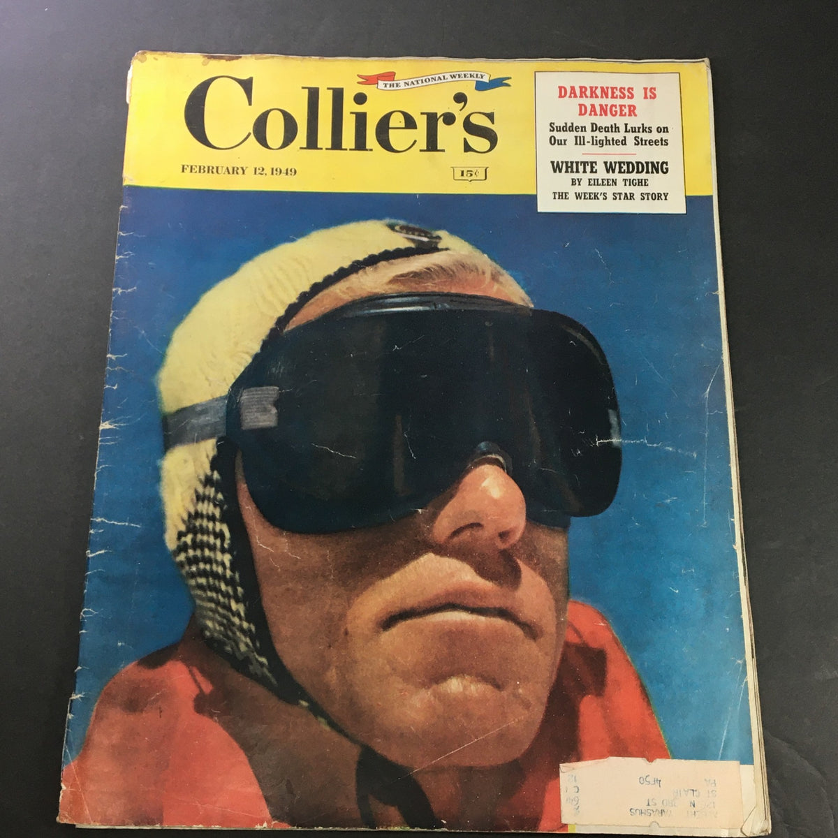 Cover of VTG Collier's Magazine February 12, 1949 featuring a man in ski goggles, highlighting influential figures like Ronald Reagan.