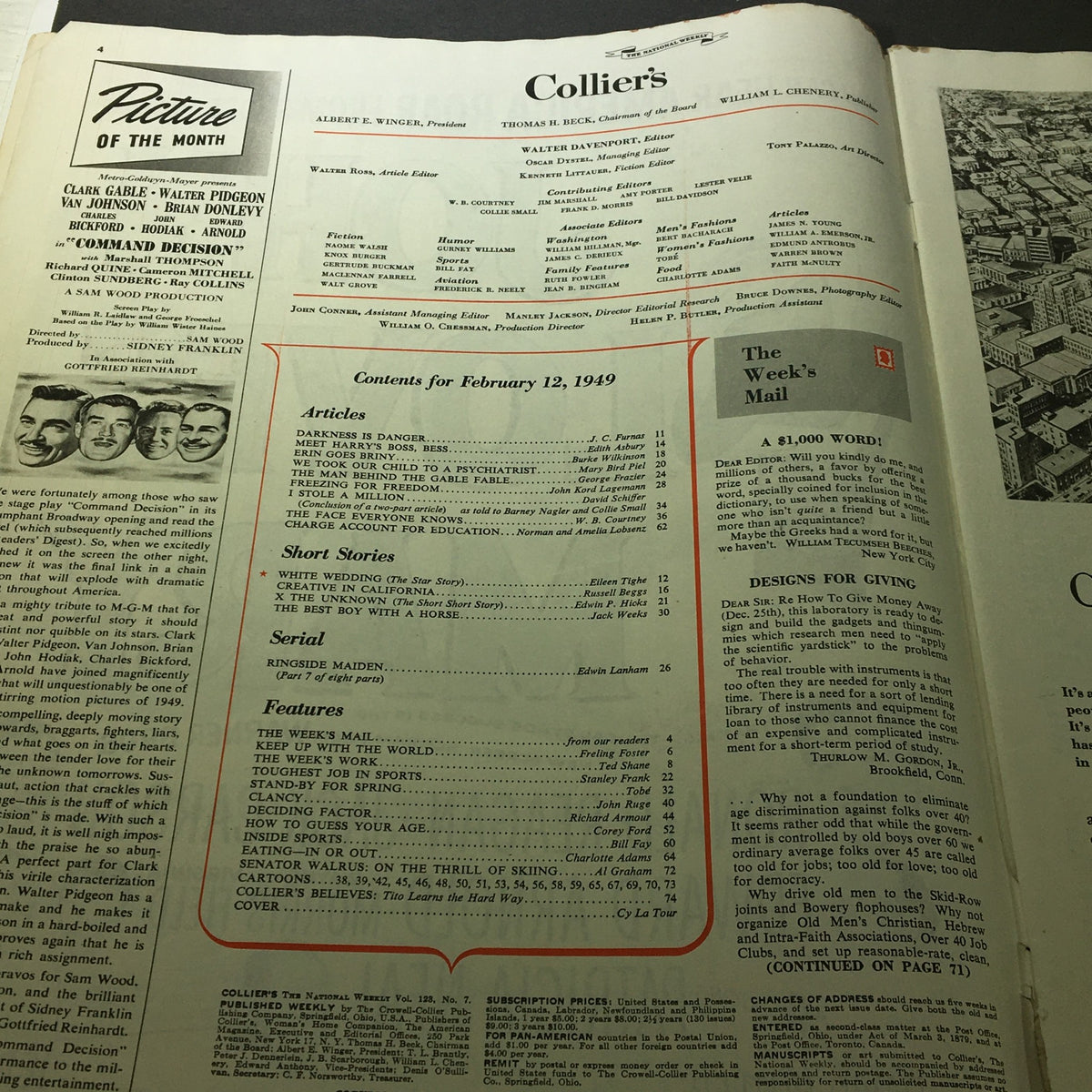 Table of contents from VTG Collier's Magazine February 12, 1949, detailing featured articles and stories in the issue.
