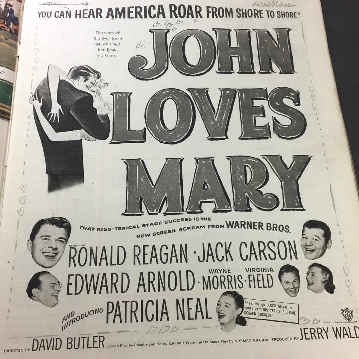 Vintage advertisement for the film 'John Loves Mary' featuring Ronald Reagan and Jack Carson. Captivating design capturing the essence of 1949, part of VTG Collier's Magazine February 12 1949.