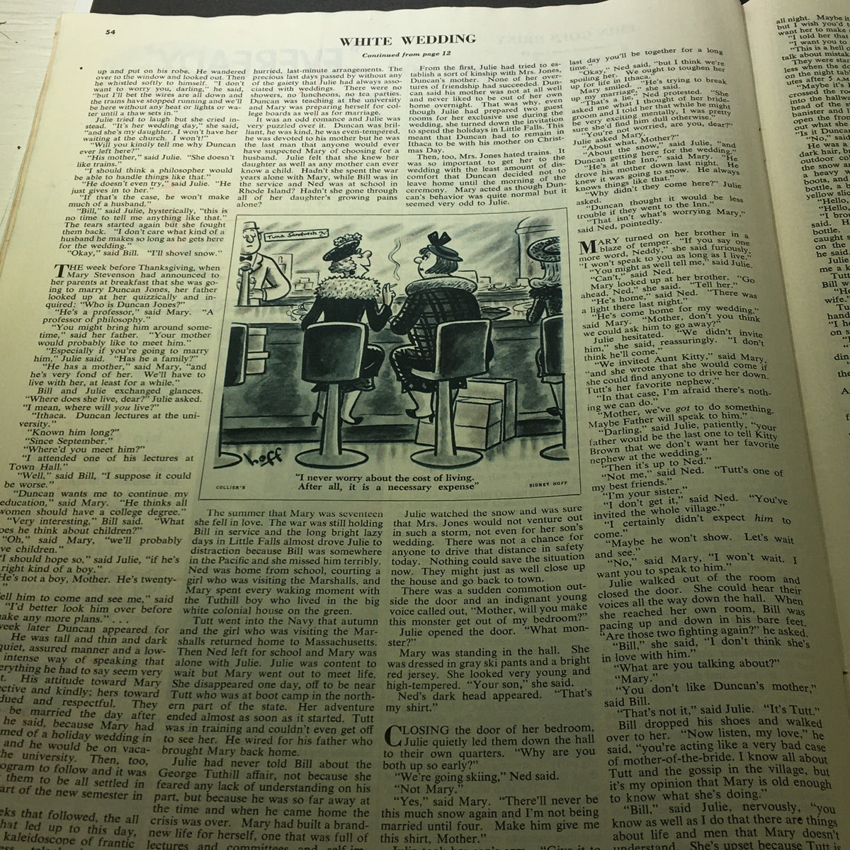 Story titled 'White Wedding' from Collier's Magazine February 12 1949, featuring two women at the bar discussing life. Illustrates post-war American social themes through engaging narratives.