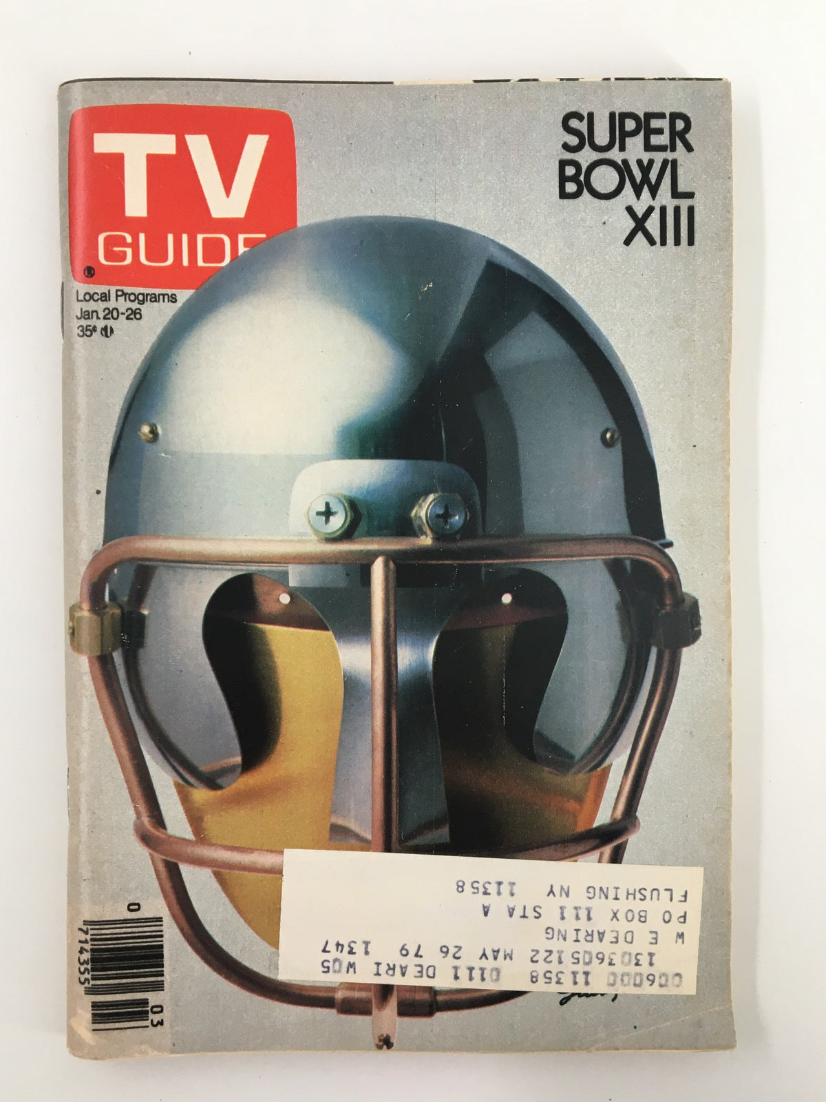Cover of TV Guide Magazine January 20, 1979, featuring Super Bowl XIII, showcasing a vintage football helmet and the title prominently displayed.