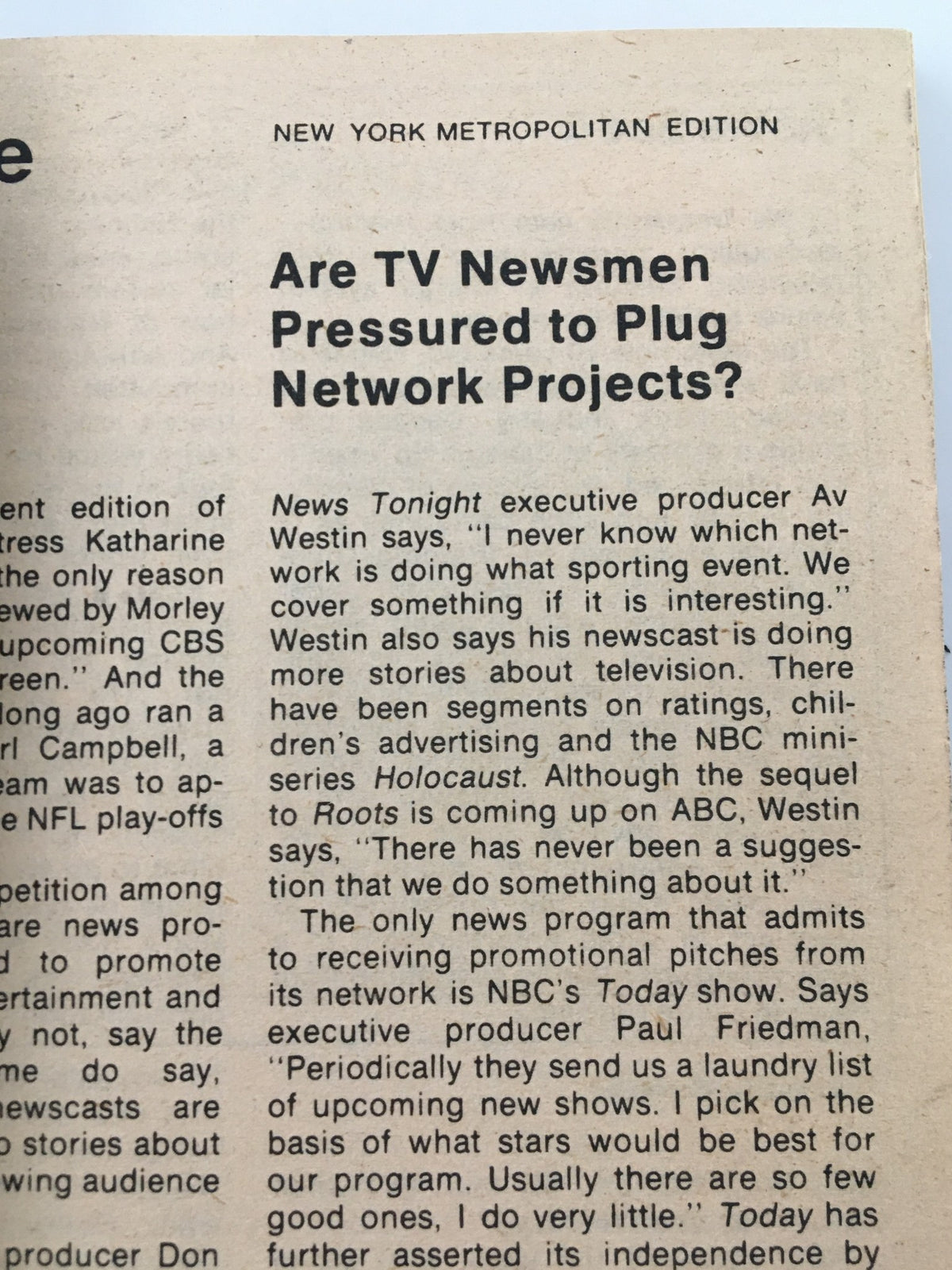 Another inside page of the TV Guide Magazine January 27, 1979, discussing pressures on TV newsmen regarding network projects. The page is part of the New York Metropolitan Edition.