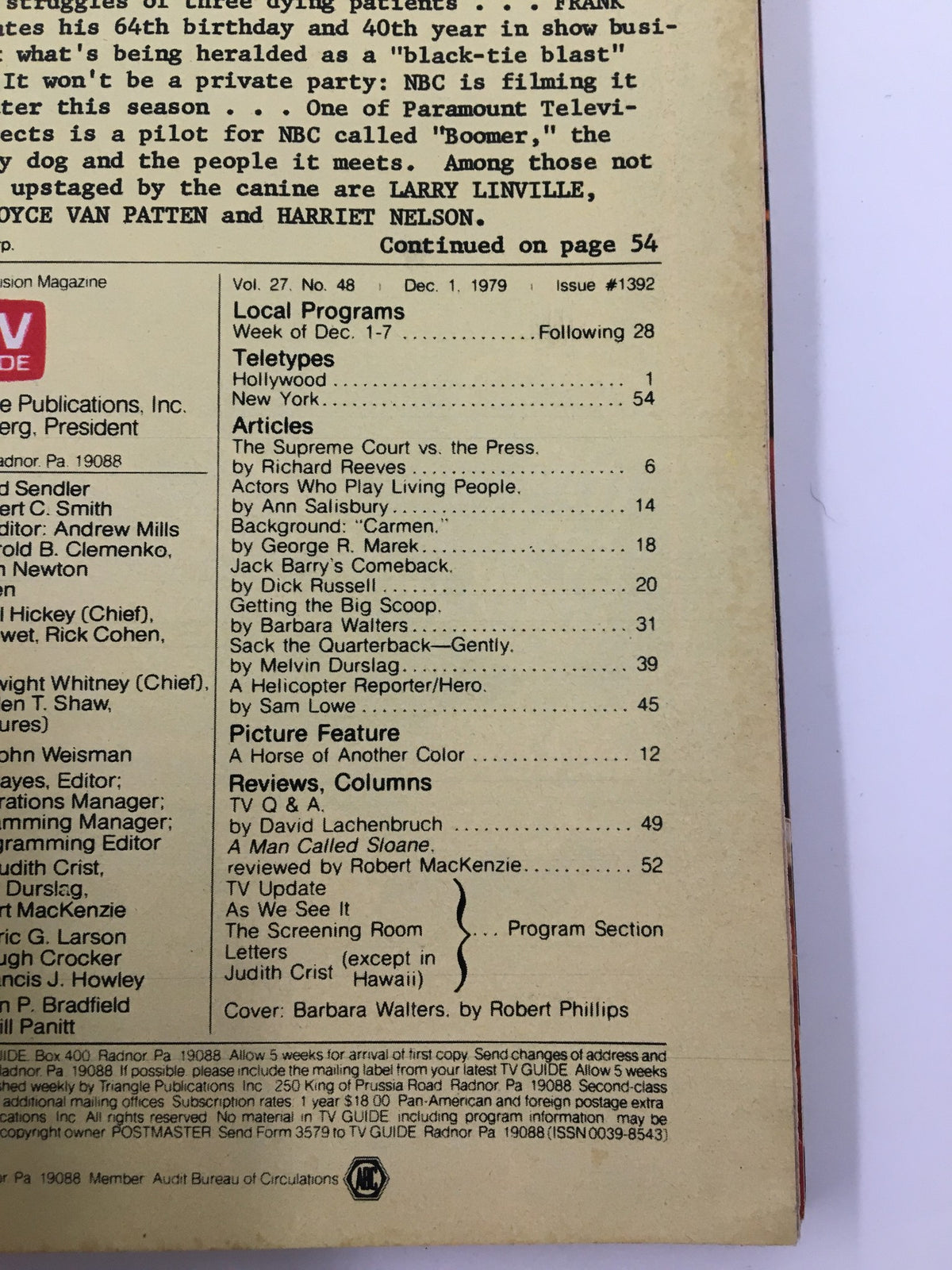 Back cover of TV Guide Magazine December 1, 1979, illustrating the magazine's table of contents including articles and features on television programs.