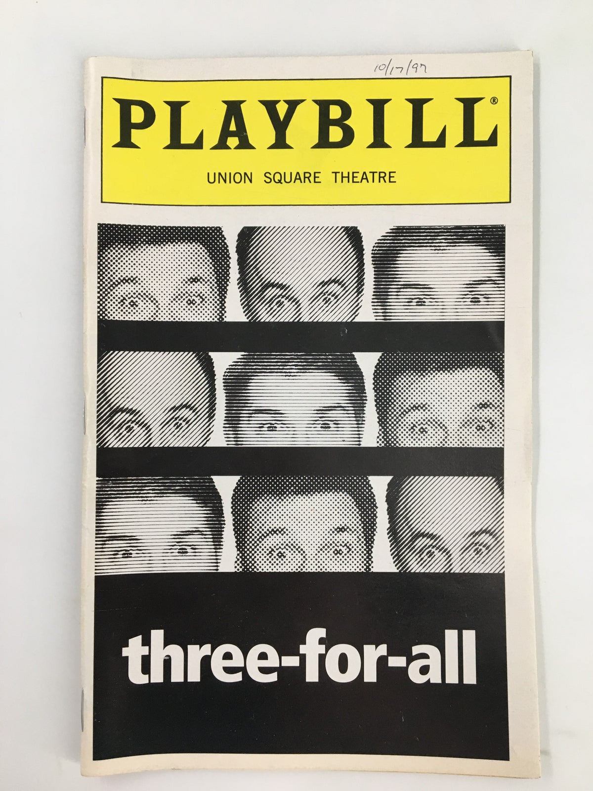 1997 Playbill for Tricicle's Three-For-All at Union Square Theatre featuring humorous faces and vibrant design.