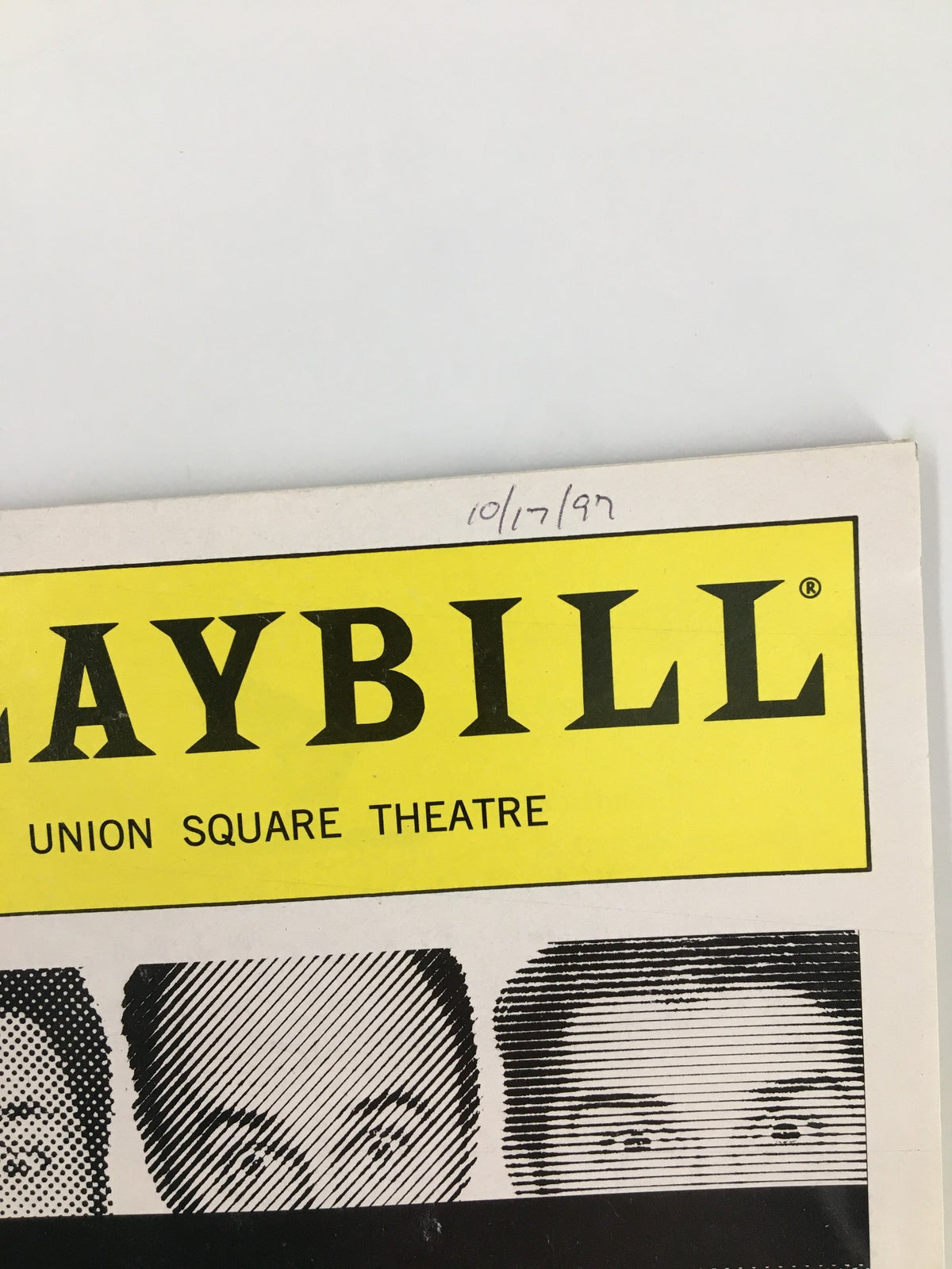 1997 Playbill for Tricicle's Three-For-All, featuring the Union Square Theatre logo and date handwritten at the top. A piece of theatrical memorabilia.