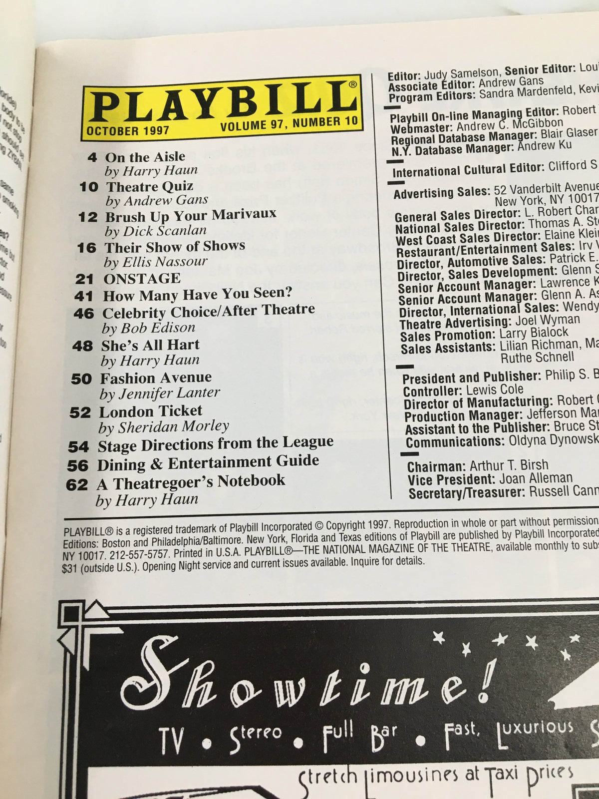 1997 Playbill for Tricicle's Three-For-All, showing the October 1997 contents including articles and sections related to live theatre performances.