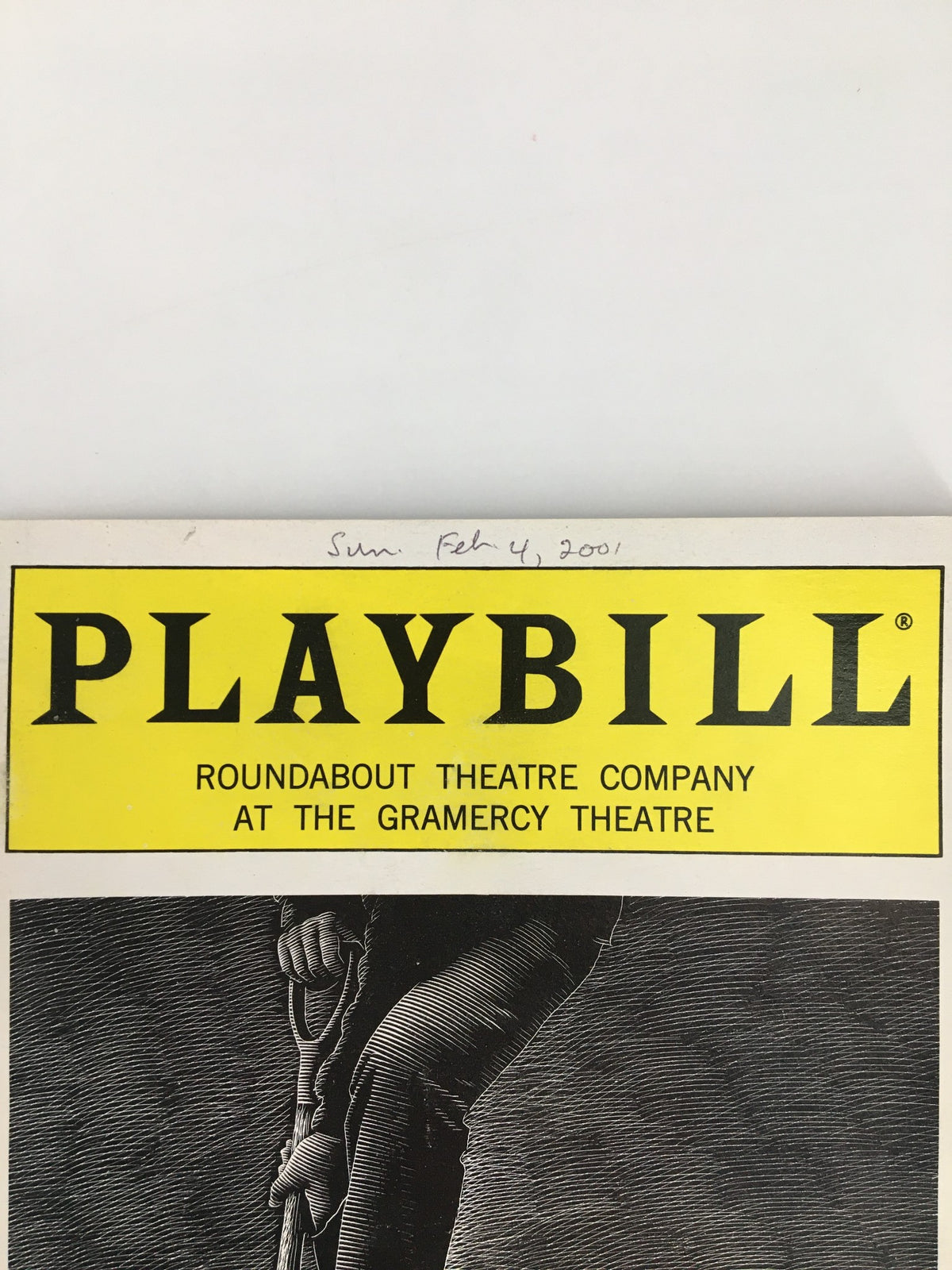 Close-up view of the 2001 Playbill for 'A Skull in Connemara' at the Gramercy Theatre, highlighting the title and date written at the top.