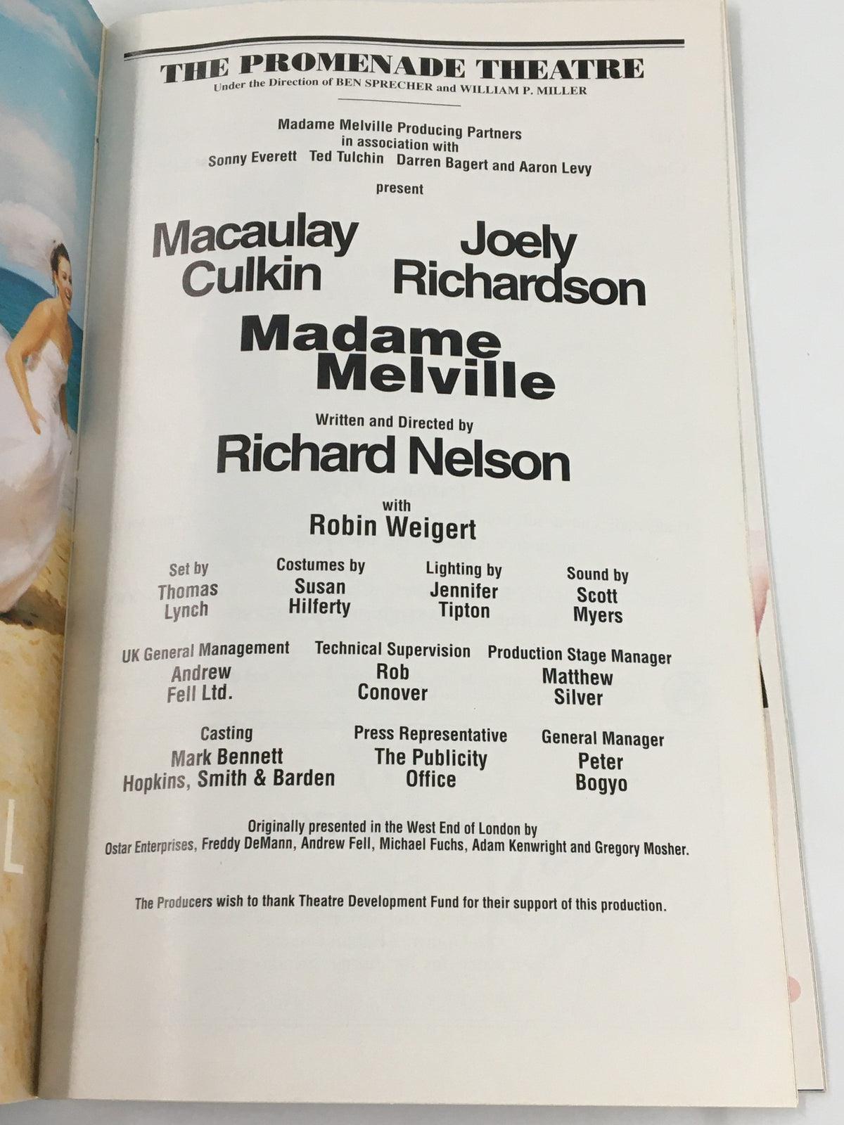 2001 Playbill The Promenade Theatre featuring Macaulay Culkin in Madame Melville, listing the production details and creative team.