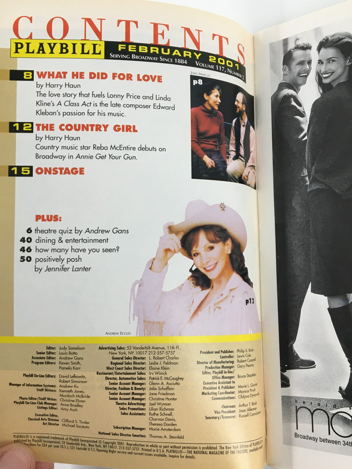2001 Playbill The Music Box featuring Henry Winkler, showcasing contents including 'What He Did for Love,' and 'The Country Girl,' February issue.
