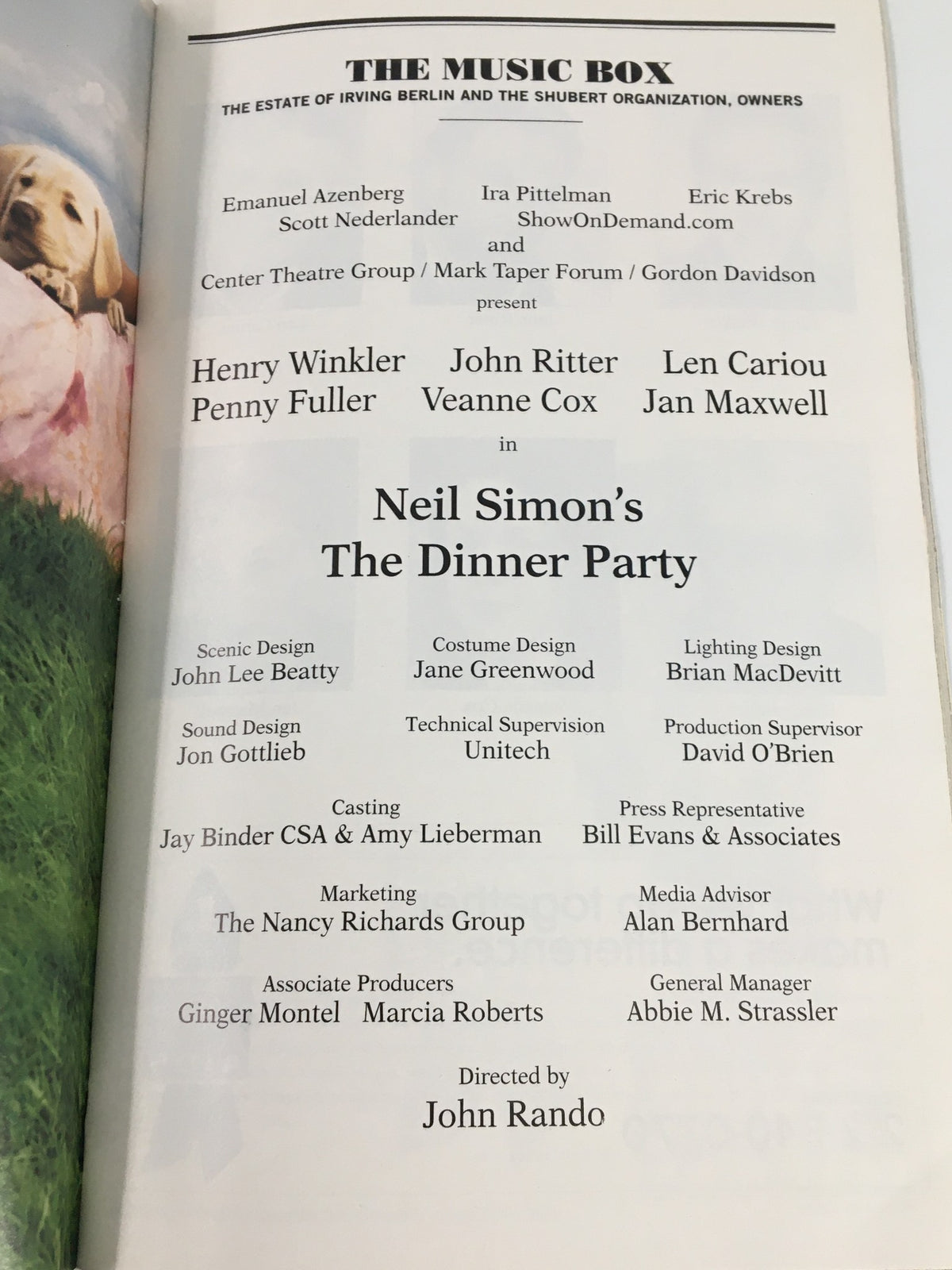 2001 Playbill The Music Box with cast details from Neil Simon's The Dinner Party, featuring Henry Winkler, John Ritter, and Len Cariou.