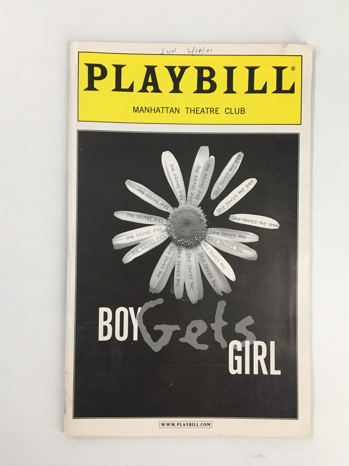 2001 Playbill for Manhattan Theatre Club's 'Boy Get Girl' featuring a daisy cover design.
