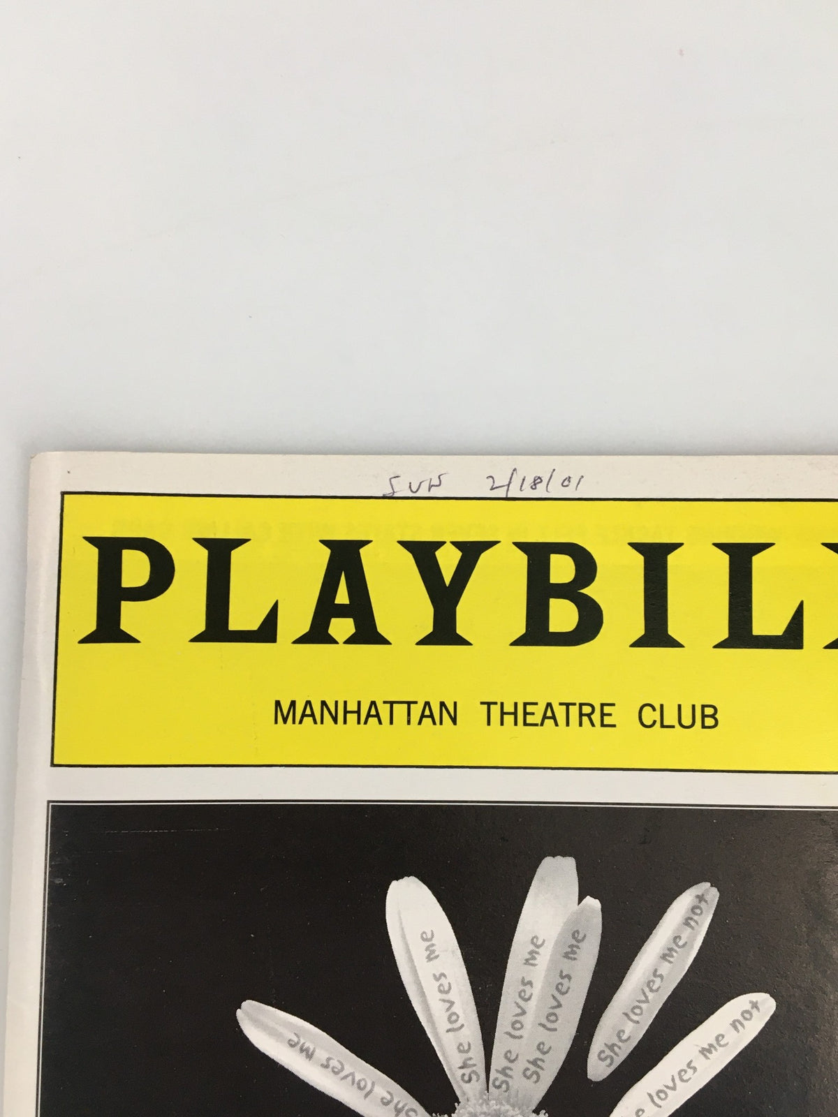 Close-up of the 'Boy Get Girl' 2001 Playbill showcasing the Manhattan Theatre Club logo.