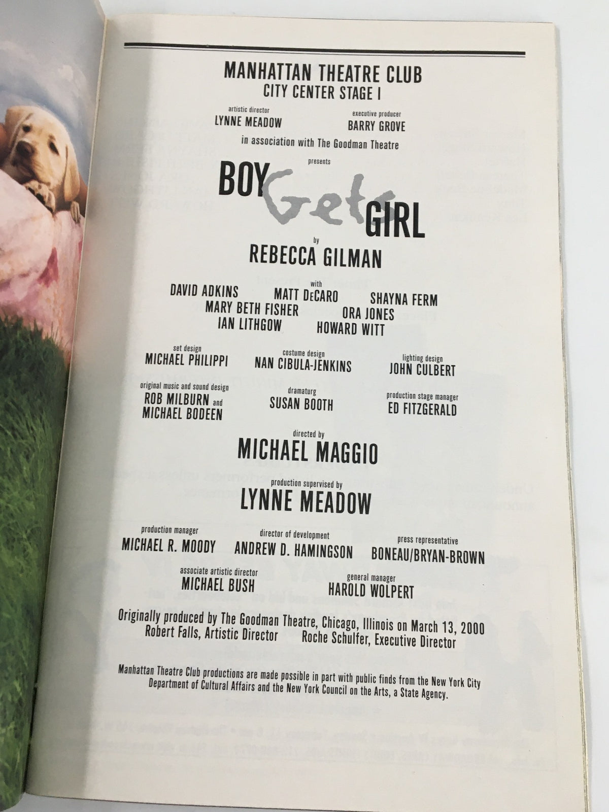 The inside cast and crew listing for the 2001 Playbill of 'Boy Get Girl' by the Manhattan Theatre Club.