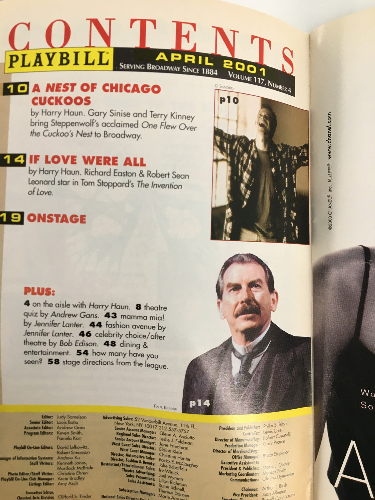 Contents page of the April 2001 Playbill from Minskoff Theatre, highlighting featured performances and articles.
