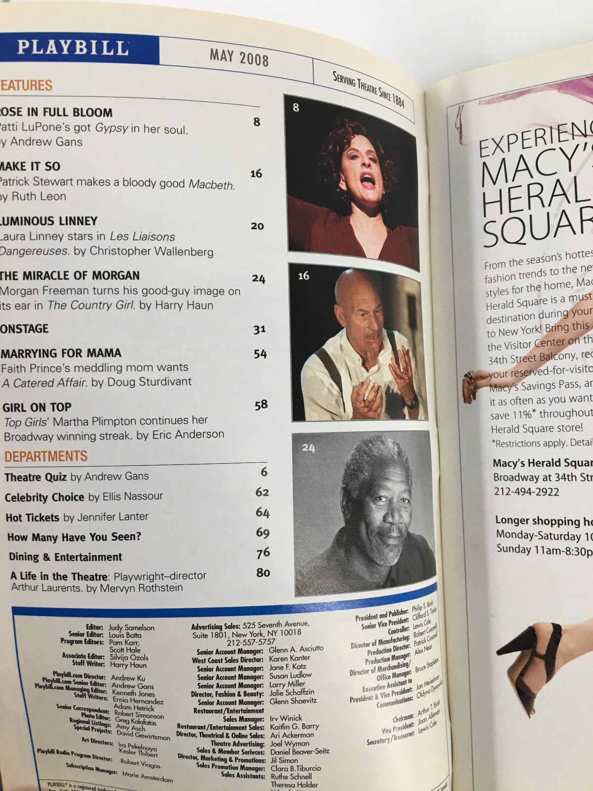 Page from the May 2008 Playbill featuring features and advertisements related to theater, including stars from productions like A Rose in Full Bloom and The Miracle Worker, associated with the Cort Theatre.