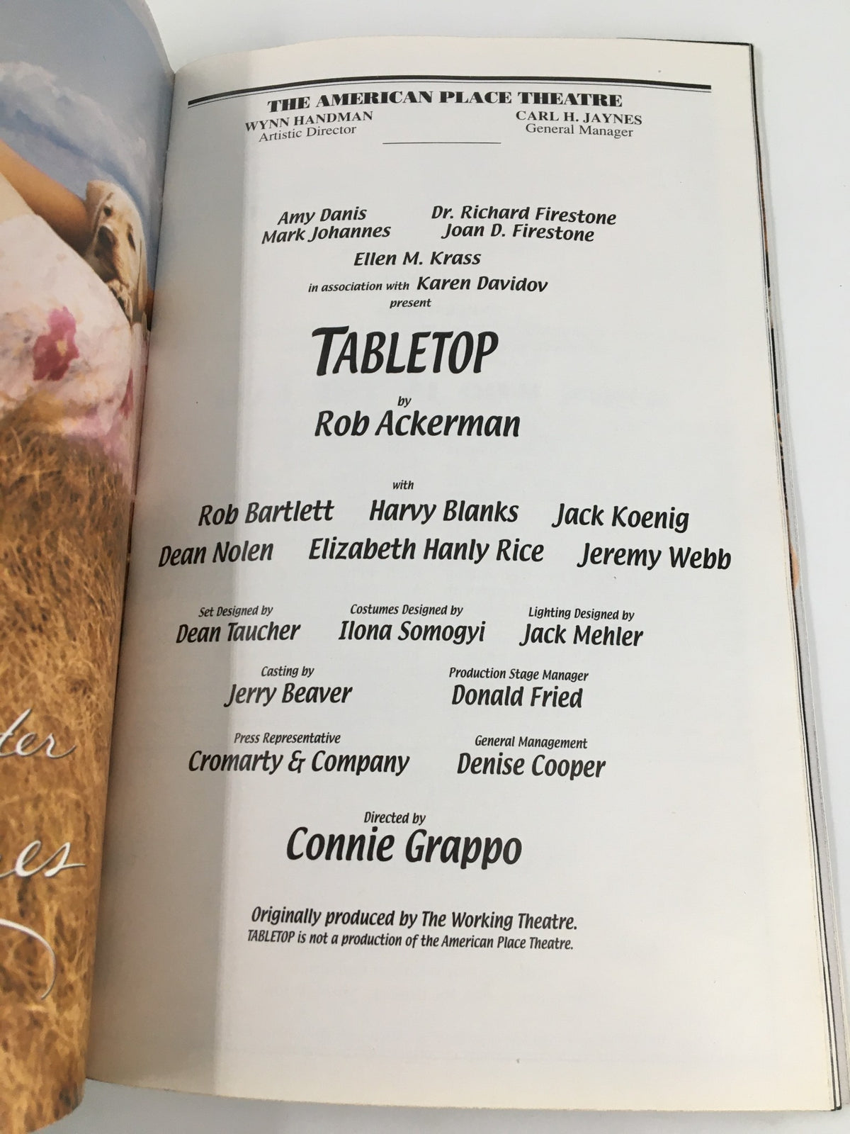 Inside page of the 2000 Playbill from The American Place Theatre, showcasing the production 'Tabletop' with Rob Bartlett, Elizabeth Hanly, Jack Koenig, and other cast members.