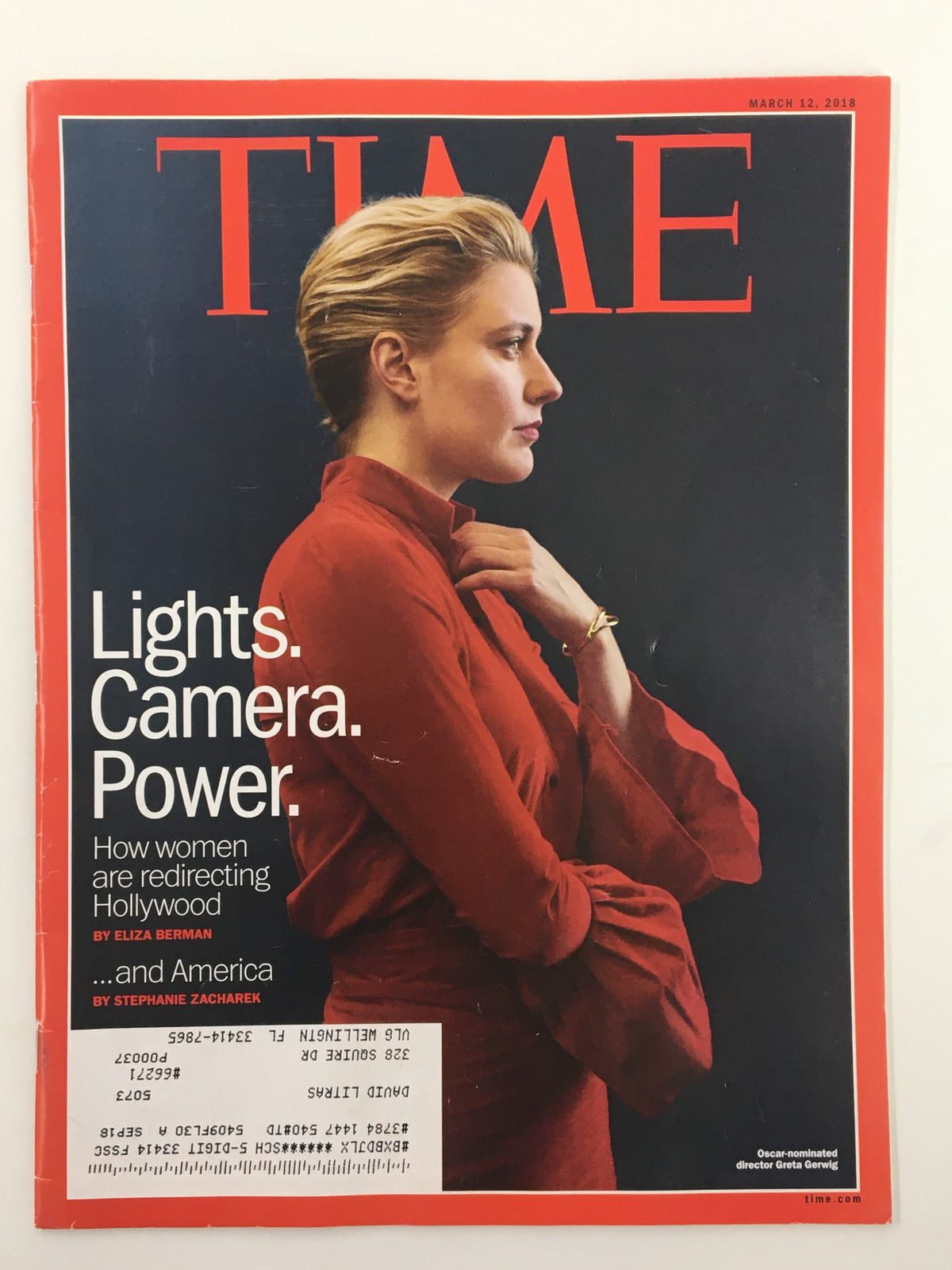 Time Magazine March 12 2018 cover featuring a profile image of Greta Gerwig, accompanied by text 'Lights. Camera. Power. How women are redirecting Hollywood.' An insightful reflection on women's influence in the film industry.