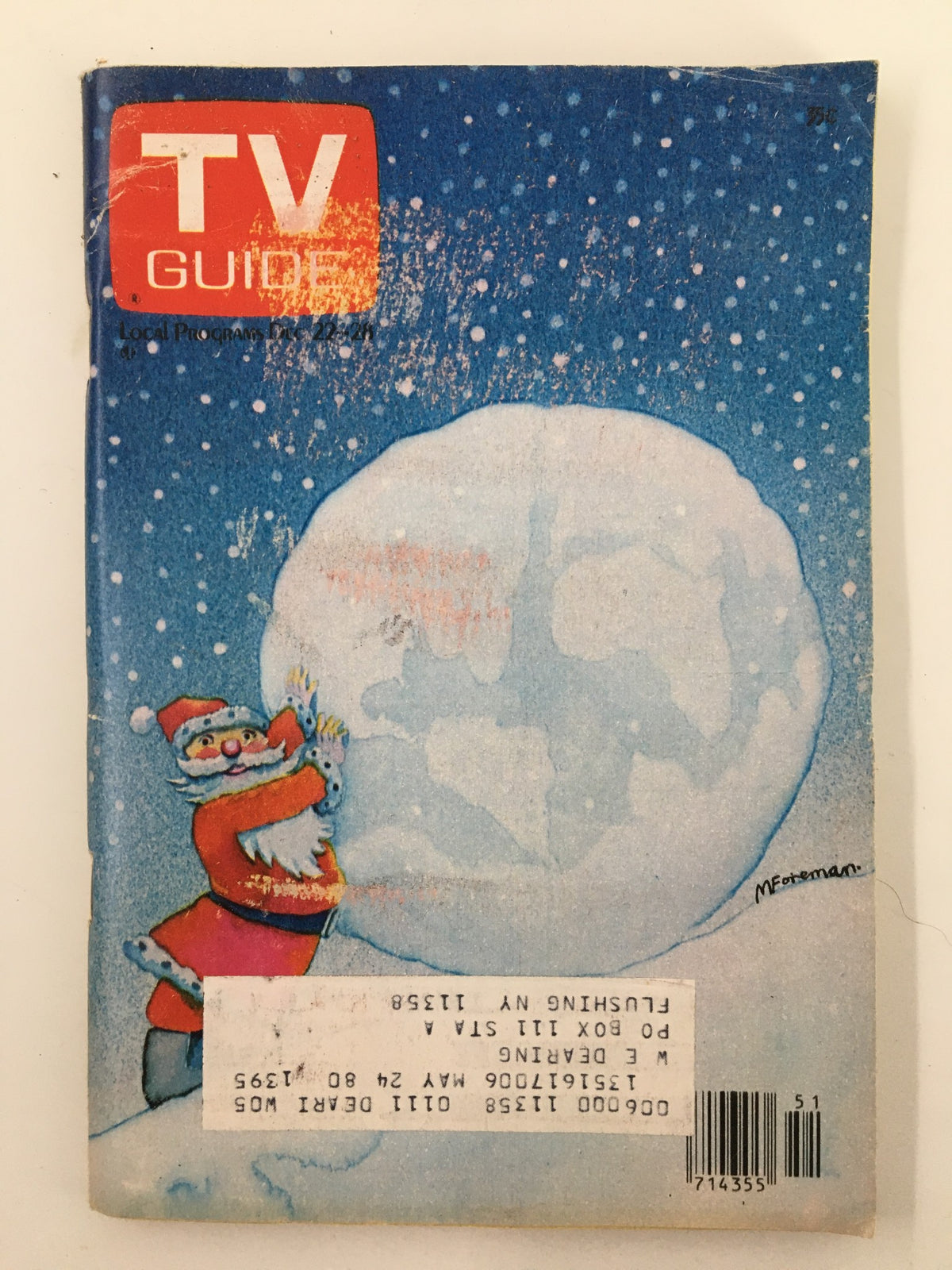 Cover of TV Guide Magazine December 22, 1979 featuring Santa's Snowball, a nostalgic depiction of Santa with a snowball against a snowy blue background, part of the New York Metro Edition.