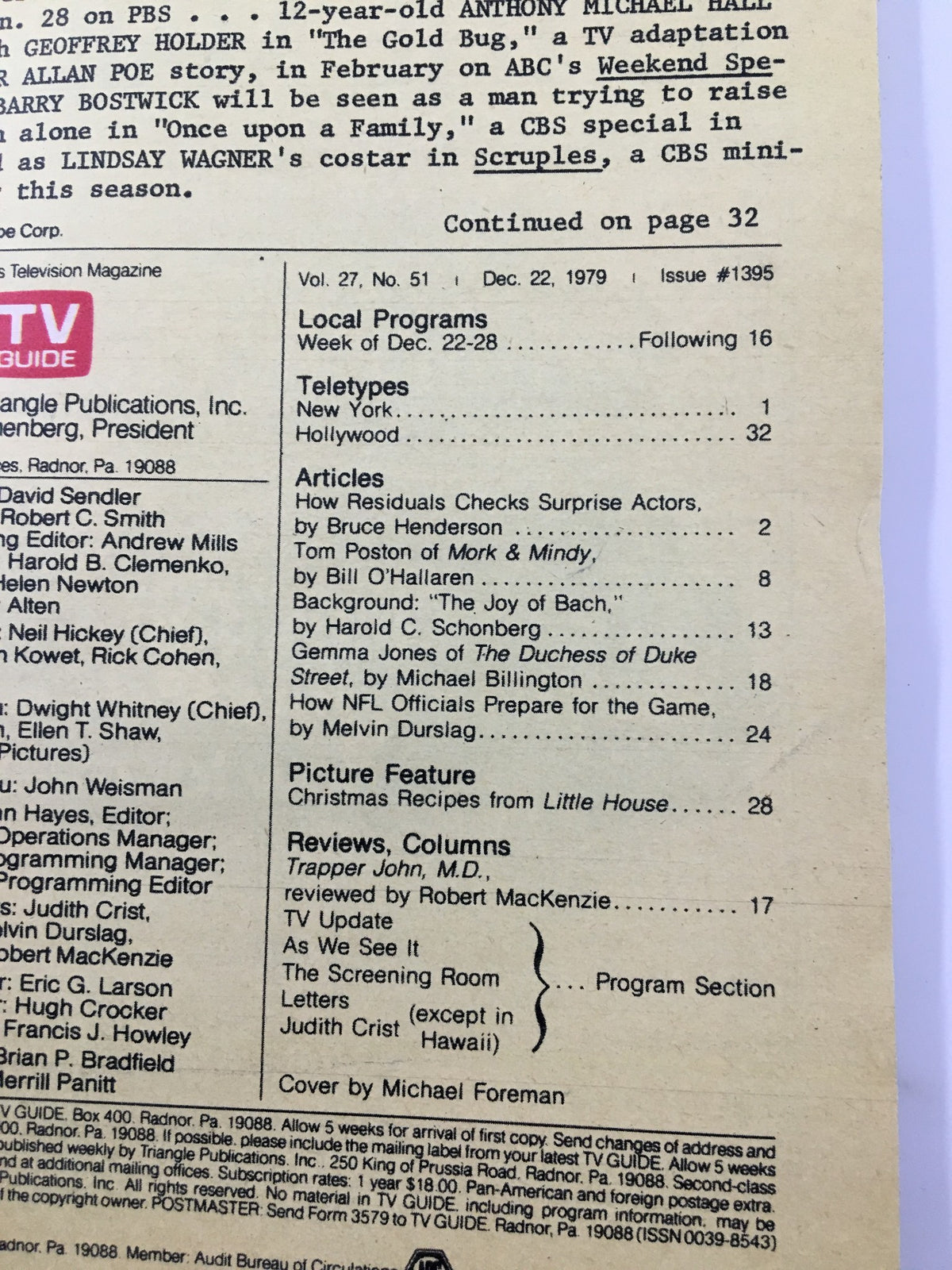 Inside page of TV Guide Magazine December 22, 1979, displaying local program listings and articles for the week.