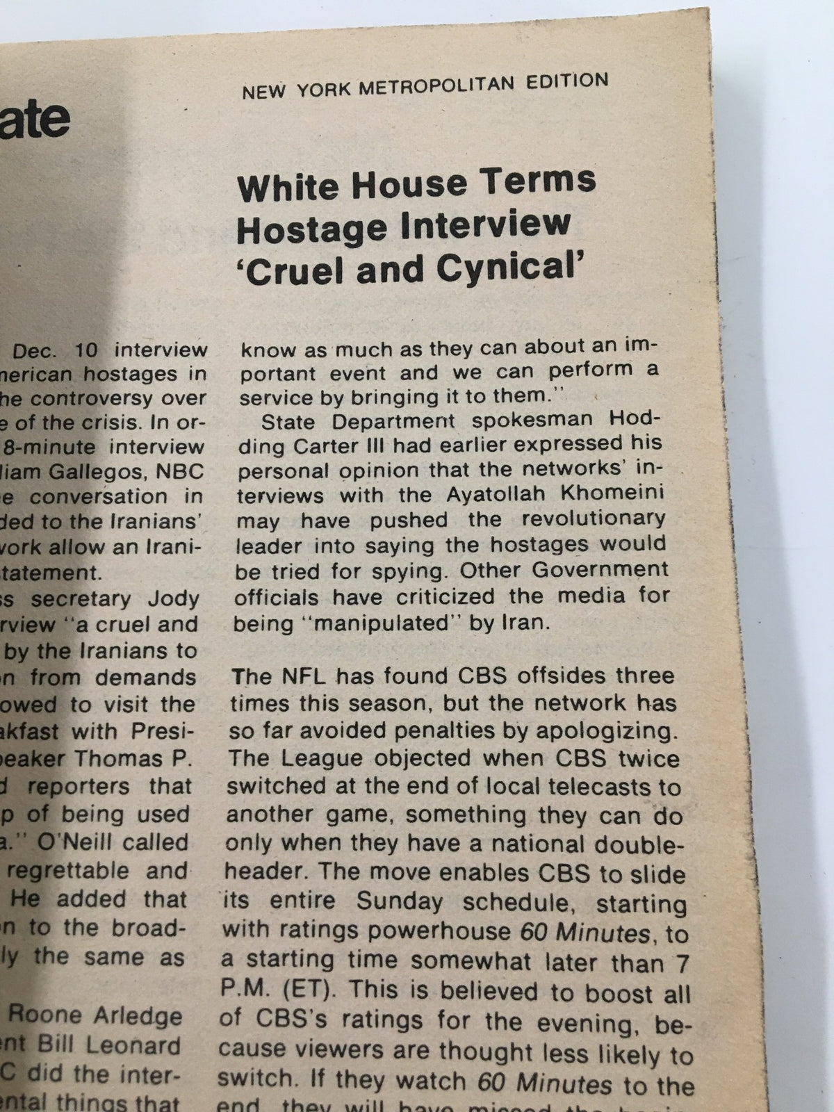 Another inside page of TV Guide Magazine December 22, 1979, featuring a news article about a White House hostage interview, part of the New York Metropolitan Edition.