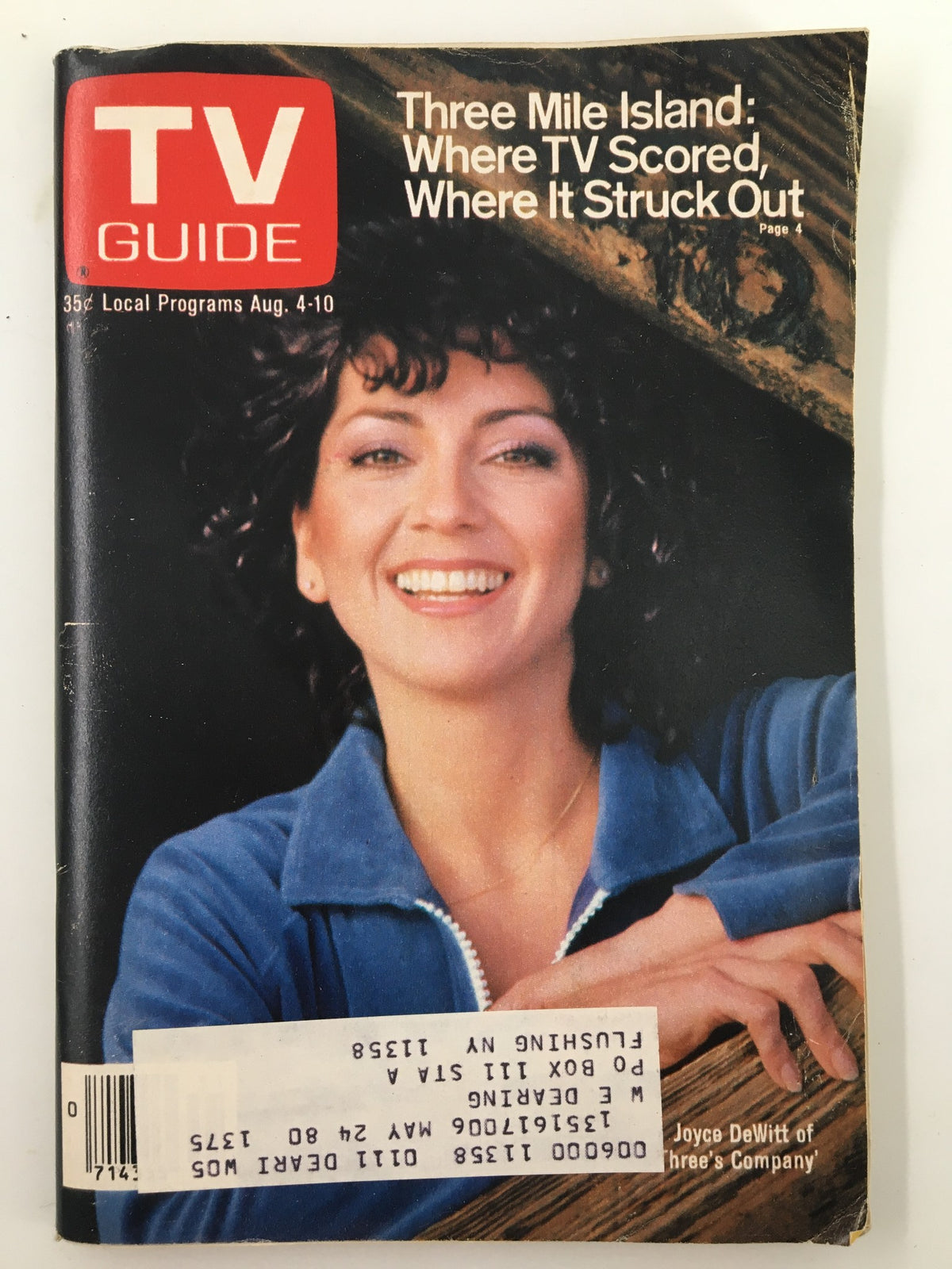 TV Guide Magazine from August 4, 1979, featuring actress Joyce DeWitt on the cover, showcasing vintage television culture. The cover displays the title and highlights a feature on Three Mile Island.