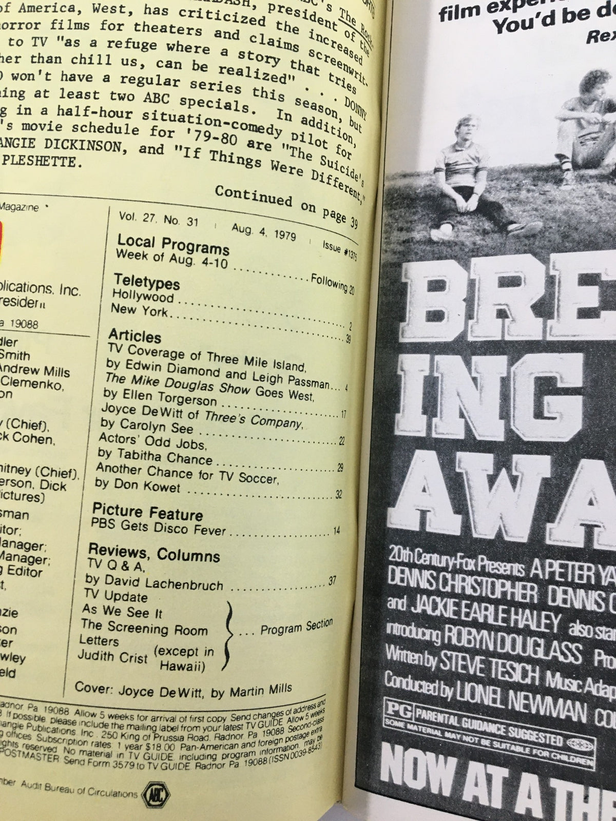 Inside view of the TV Guide Magazine August 4 1979, showcasing articles and a program schedule, prominently including actress Joyce DeWitt and features from that era.