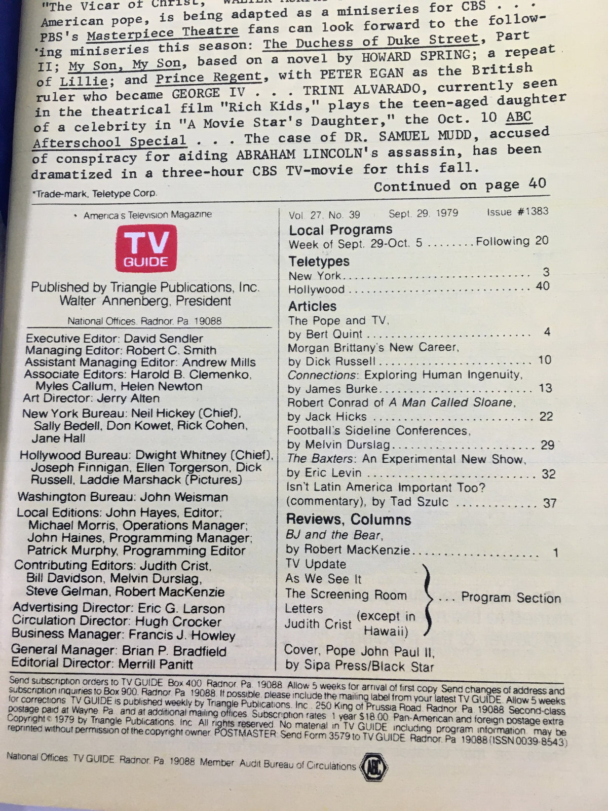 Interior page of the TV Guide Magazine September 29 1979 detailing programs and articles including coverage of Pope John Paul II.