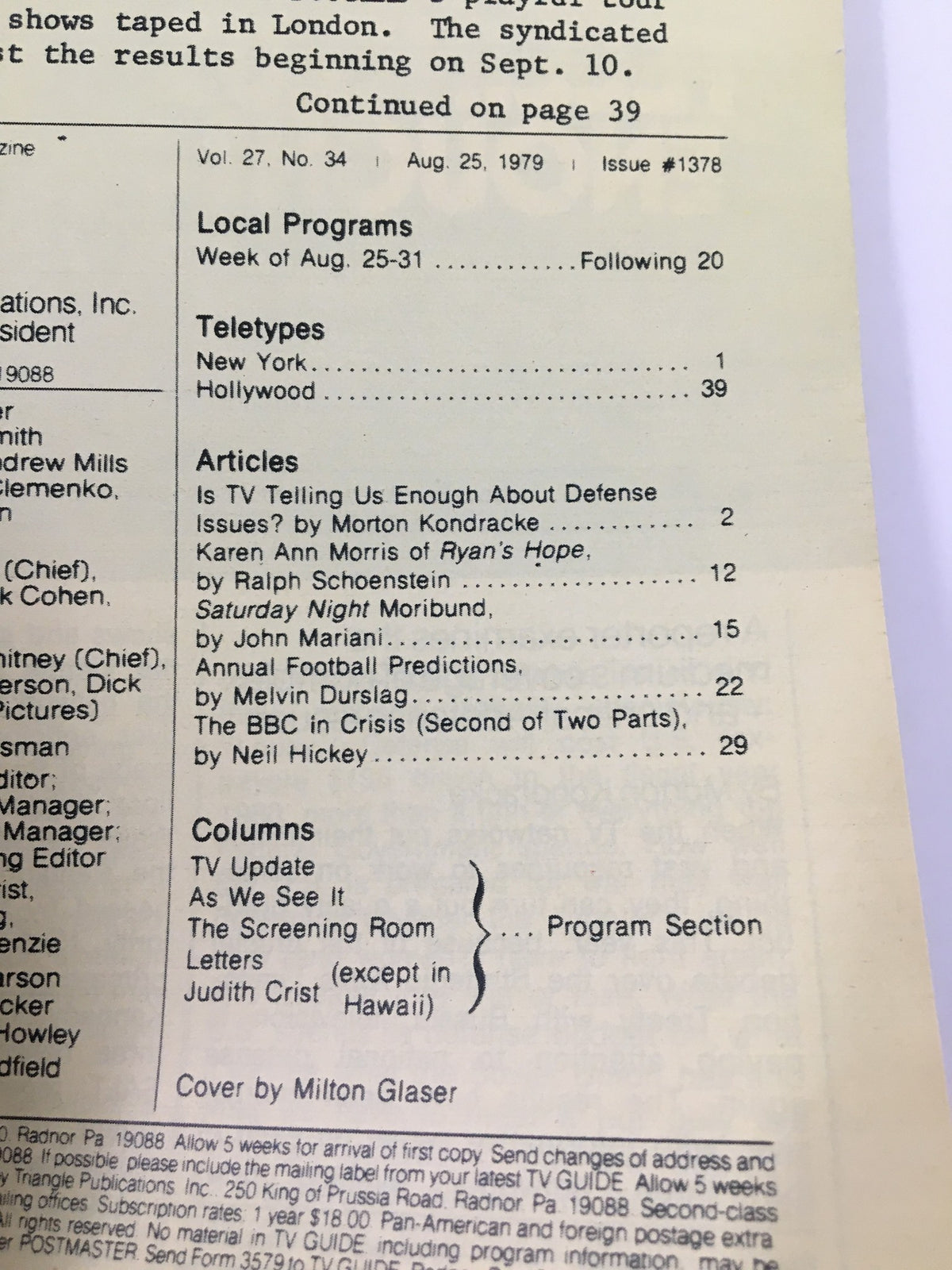 Inside page of TV Guide Magazine August 25 1979 Pro Football Winners New York Metro Edition detailing local programs and articles related to television.