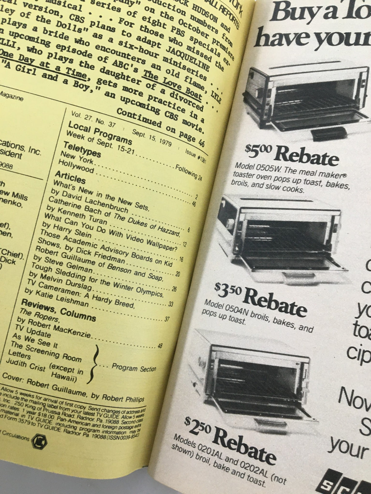 Inside pages of TV Guide Magazine September 15 1979 displaying advertisements and article excerpts, including features on Robert Guillaume and popular TV shows.