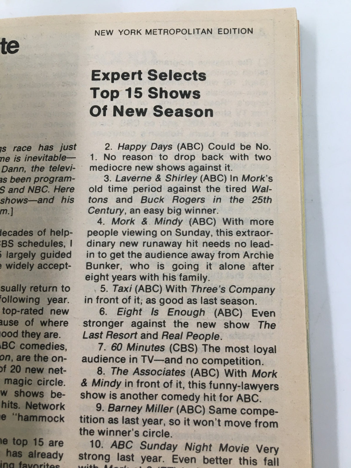 Editorial section of TV Guide Magazine September 15 1979 highlighting expert selections of the top 15 TV shows for the new season.