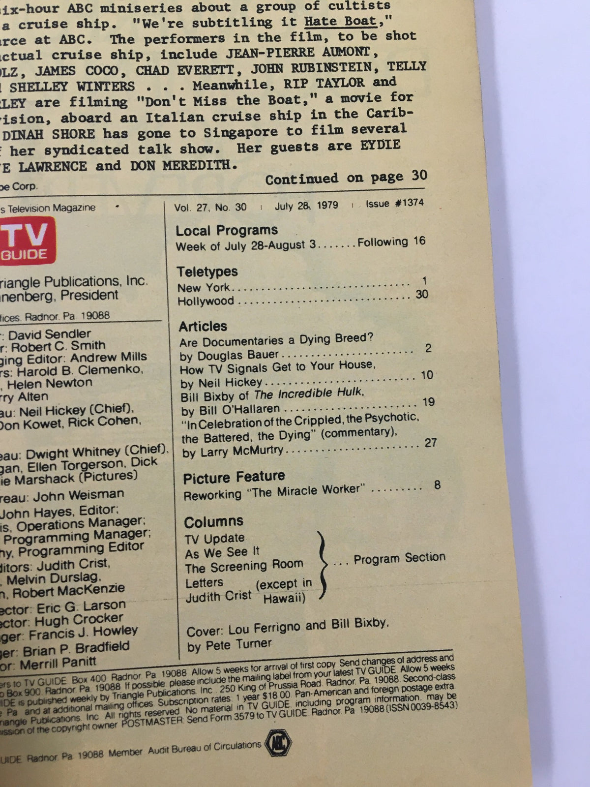 Inside page of TV Guide Magazine July 28 1979, showcasing local programs and articles, highlighting the cultural significance of television during the era.