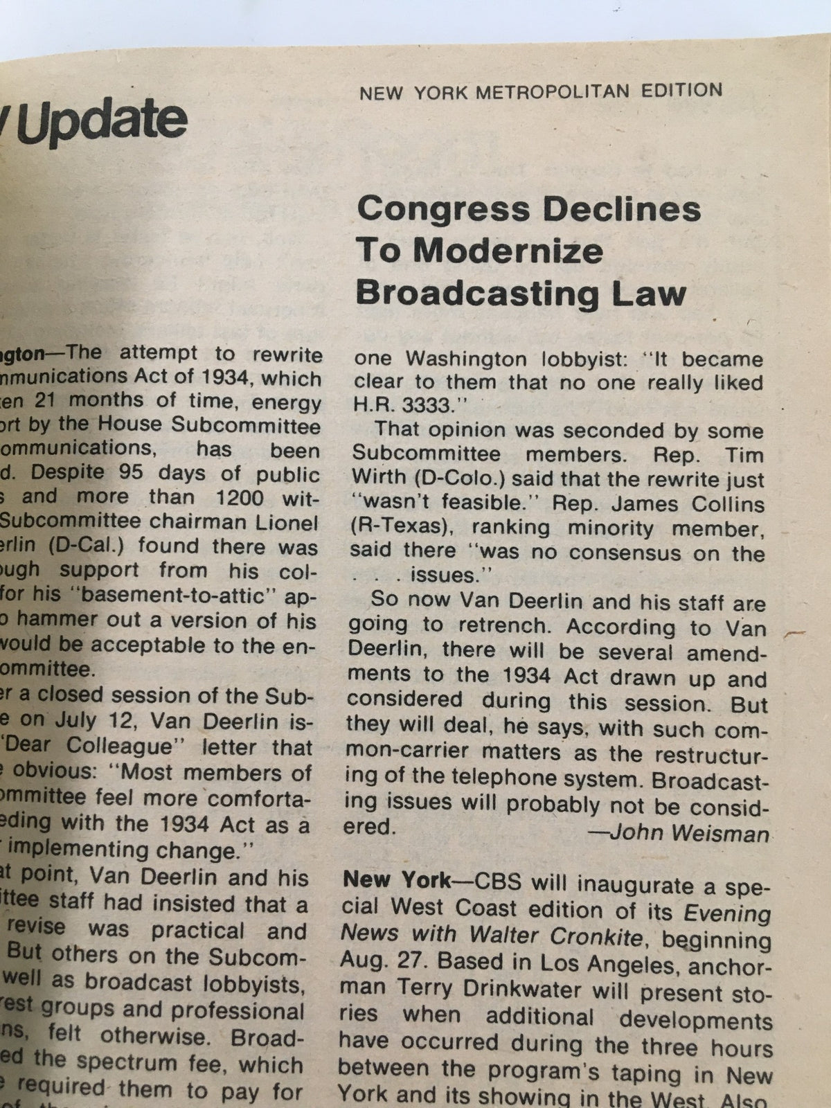 Page from TV Guide Magazine July 28 1979 featuring article about Congress and broadcasting law, highlighting significant legislative updates.