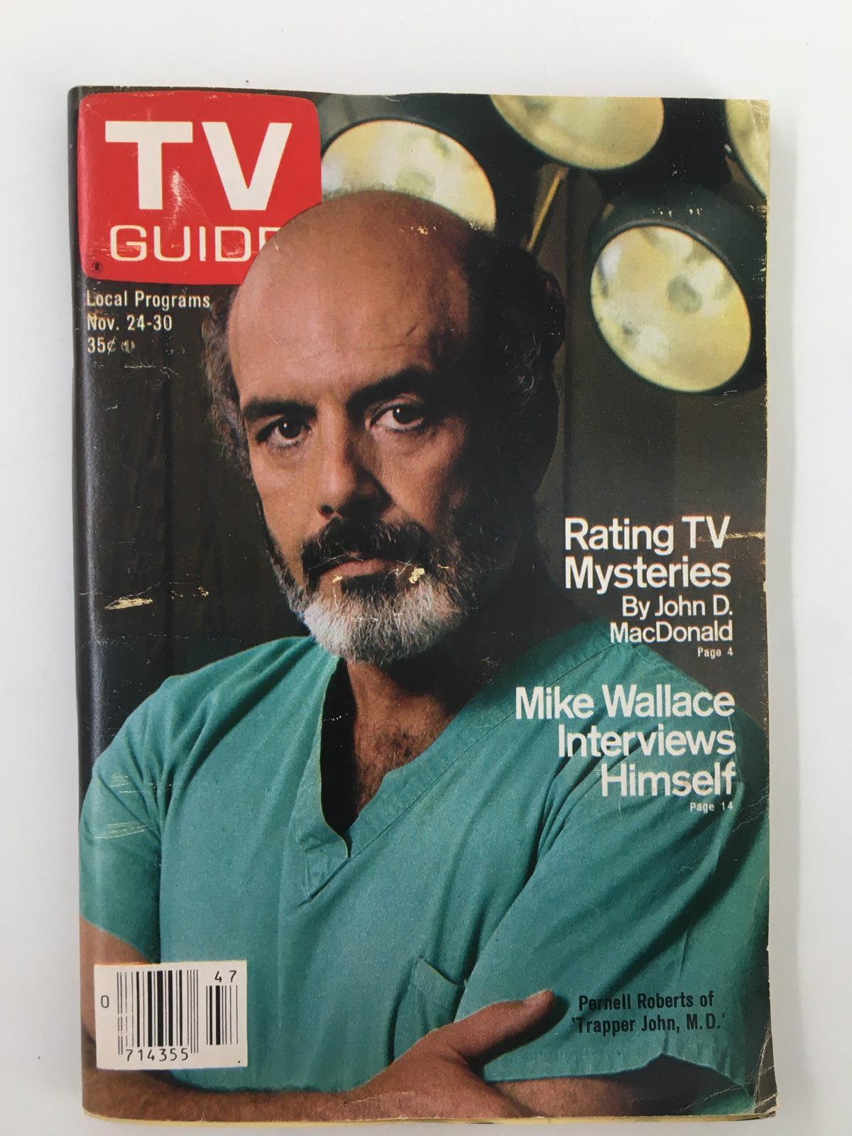 Cover of TV Guide Magazine November 24, 1979 featuring Pernell Roberts, known for his role in Trapper John, M.D. The magazine highlights TV programming for the week and includes articles about television mysteries and interviews.