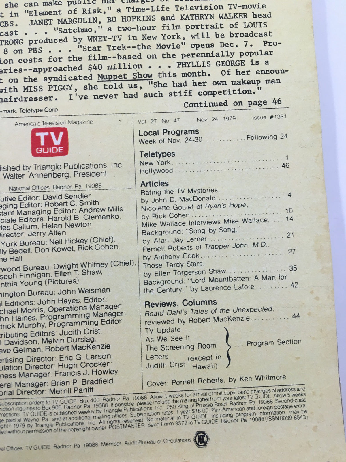 Back cover of TV Guide Magazine November 24, 1979, showcasing the magazine's articles, teletype information, and the editorial staff. The issue includes a cover story on Pernell Roberts and a focus on television shows airing that week.