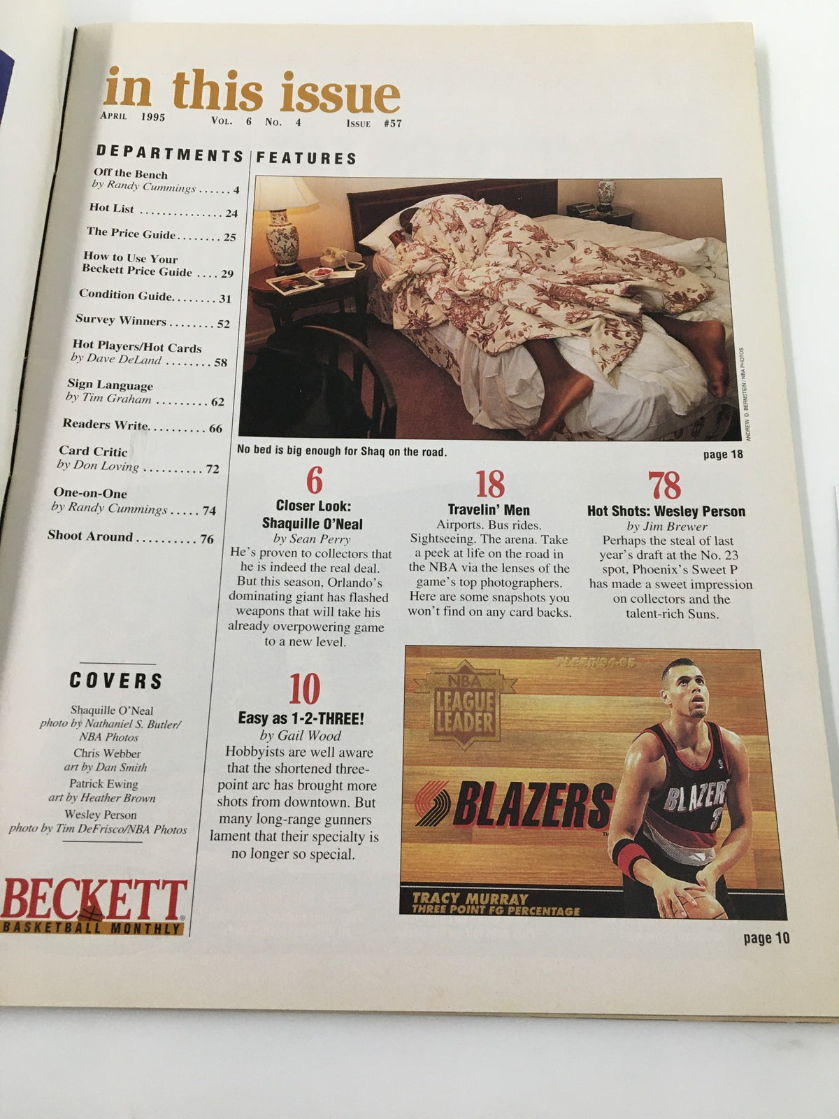Wesley Person Beckett Basketball #57 April 1995 magazine contents page highlighting Wesley Person feature with JSA Certification included.