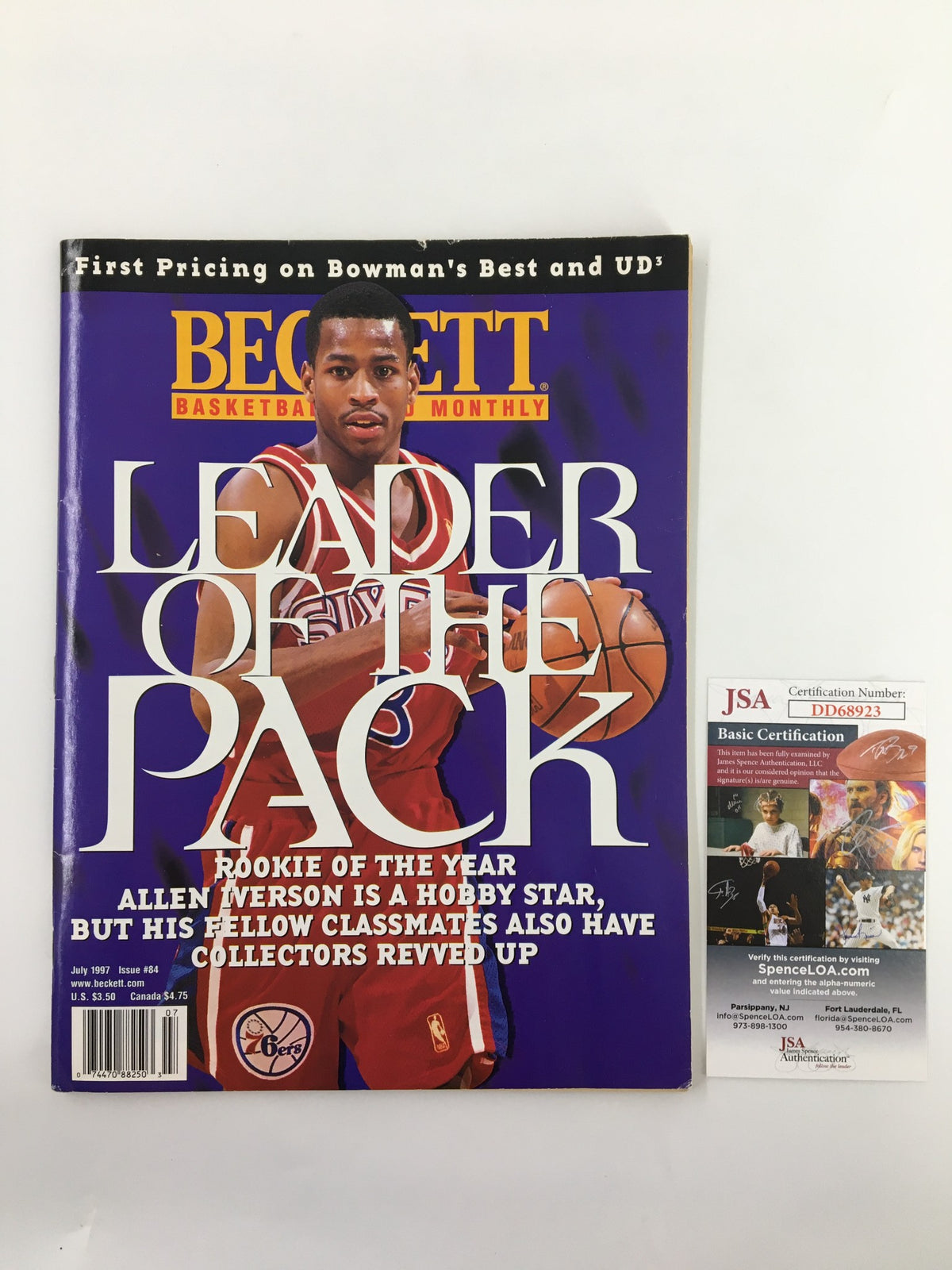 Cover of Eddie Jones Beckett Basketball #84 July 1997 issue featuring Allen Iverson, highlighting the historical significance for basketball enthusiasts and collectors.