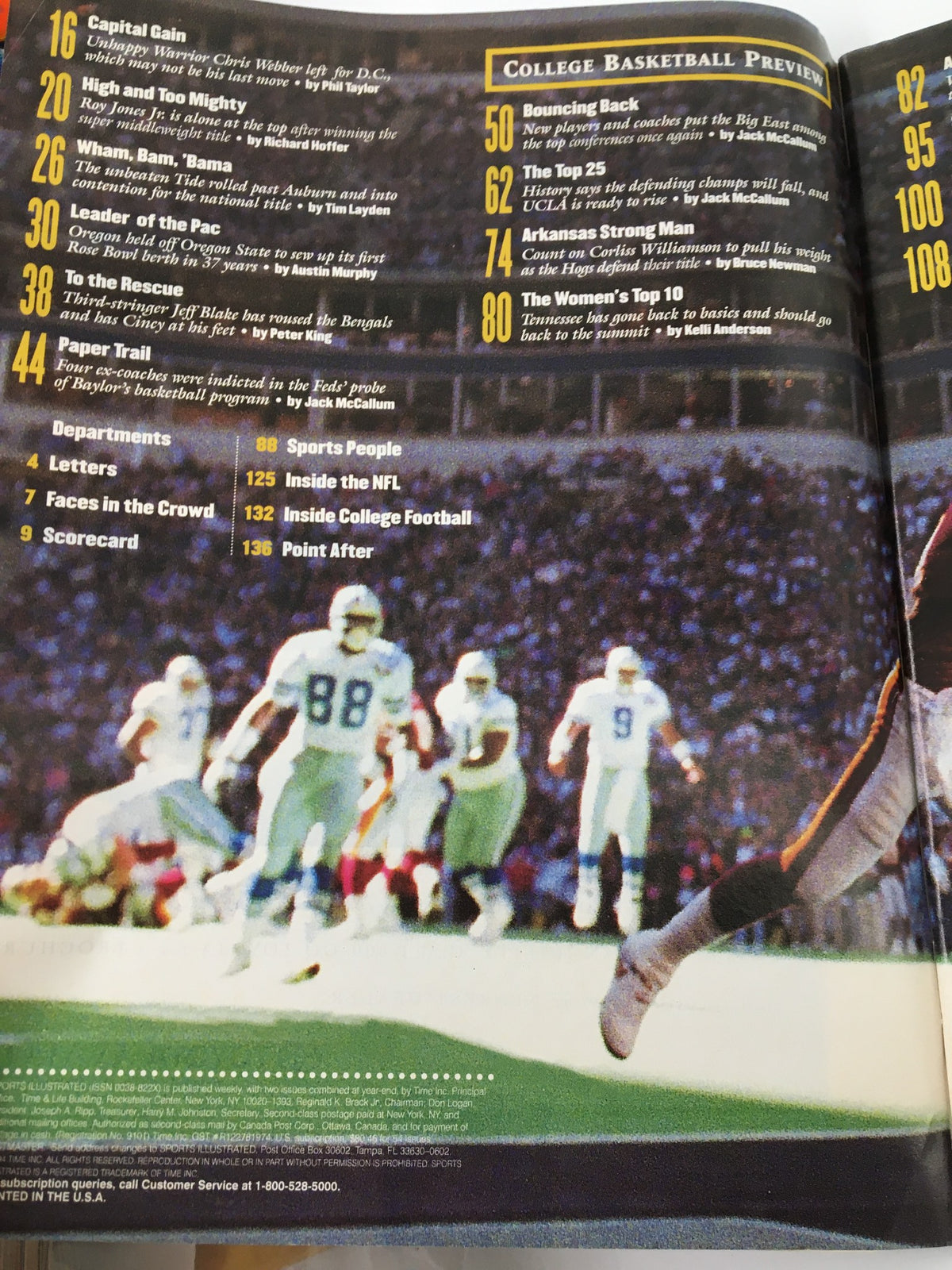 Inside page of Felipe Lopez Sports Illustrated from November 28, 1994, featuring the College Basketball Preview and articles including 'Capital Gain', 'High and Too Mighty', and 'Leader of the Pac', with a backdrop of an intense sports moment.