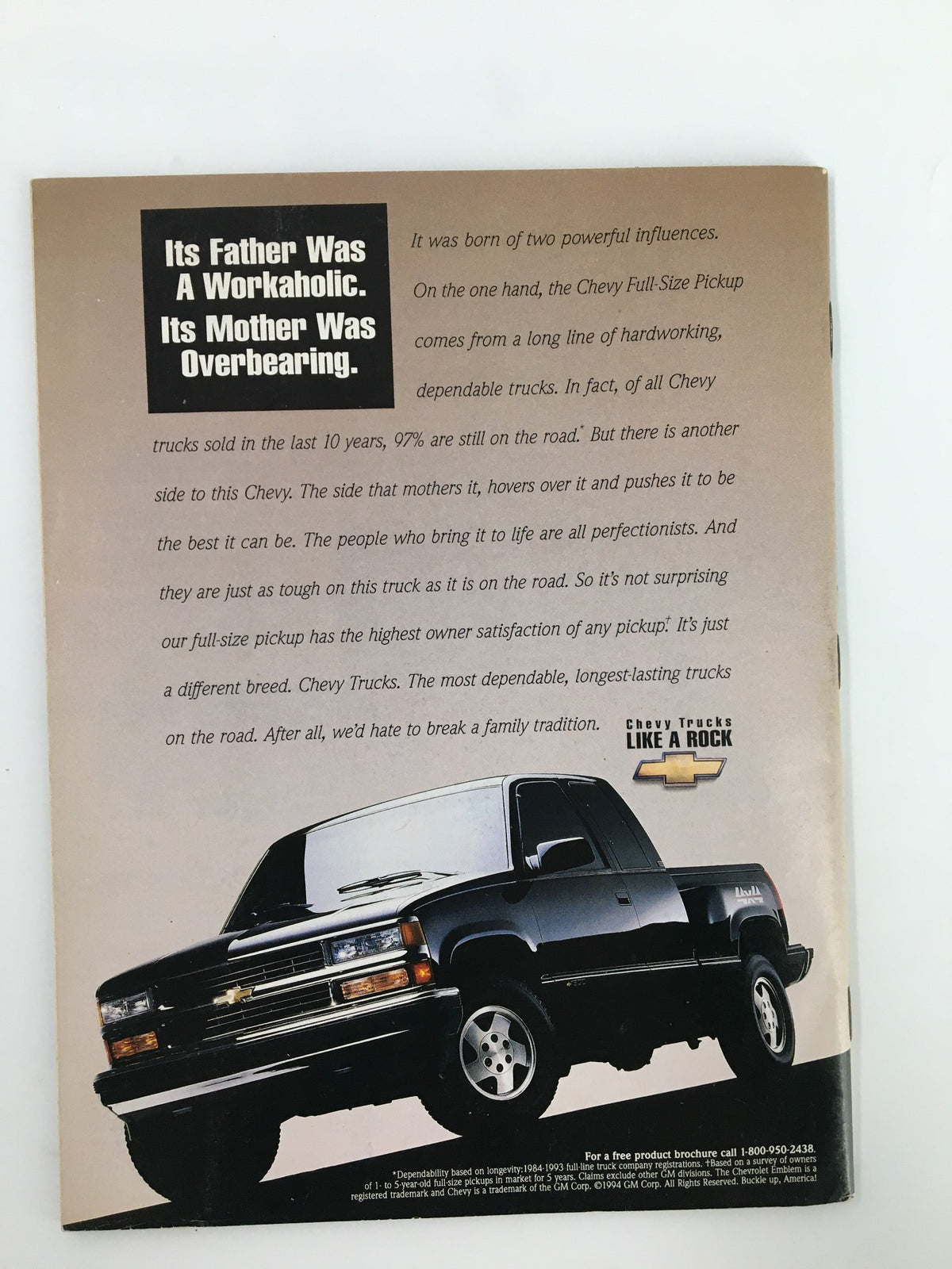 Back cover of Felipe Lopez Sports Illustrated issue from November 28, 1994, displaying an advertisement for Chevy trucks, featuring a striking image of a black Chevy full-size pickup with promotional text highlighting its durability.